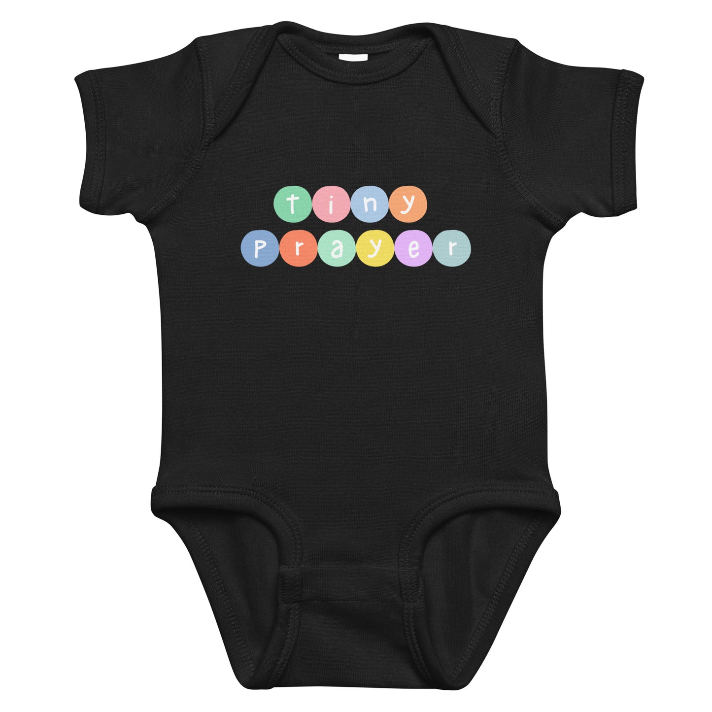 Black baby onesie with colorful 'tiny prayer' text on a white background
