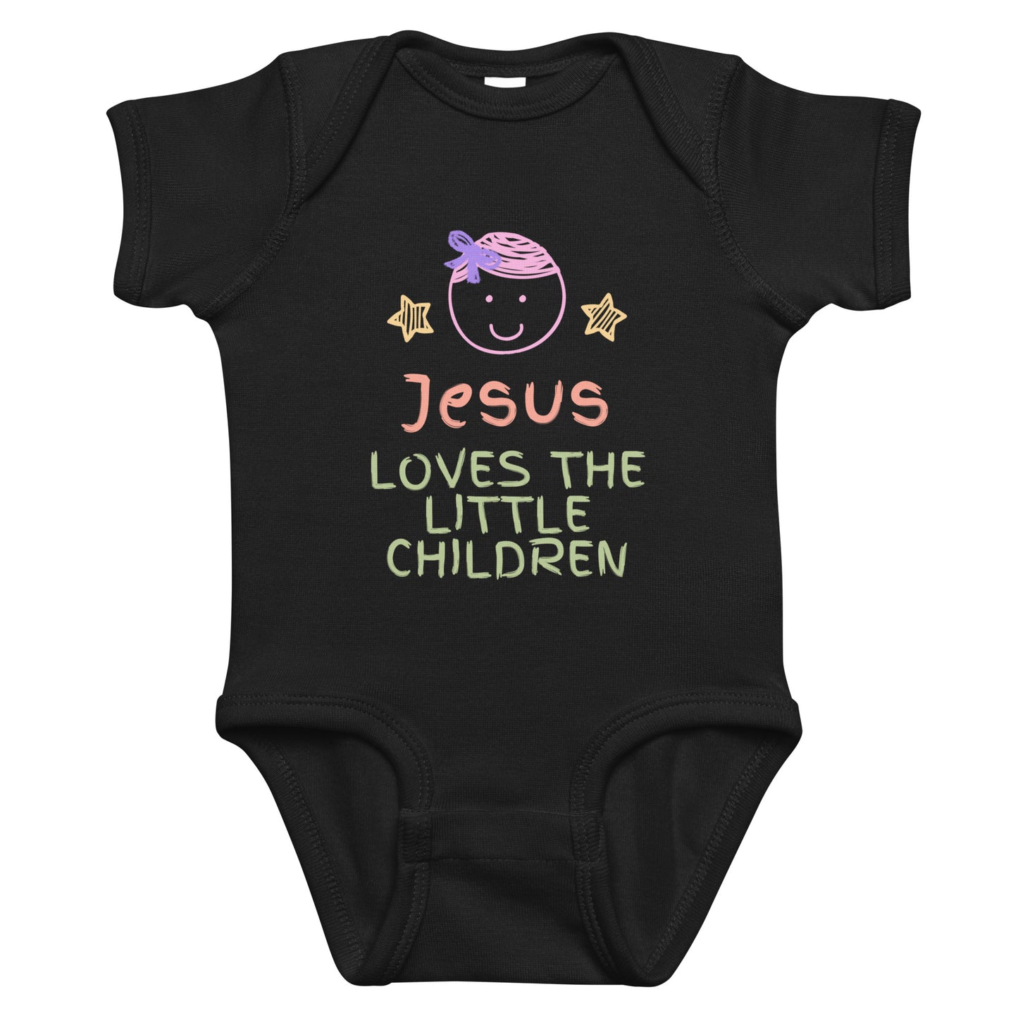 Black baby onesie with 'Jesus loves the little children' text and graphic on a white background
