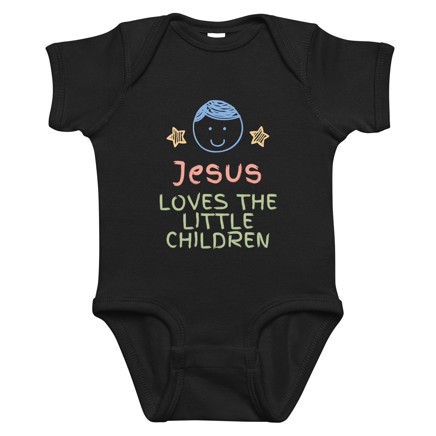 Black baby onesie with 'Jesus Loves the Little Children' text and graphics on a white background