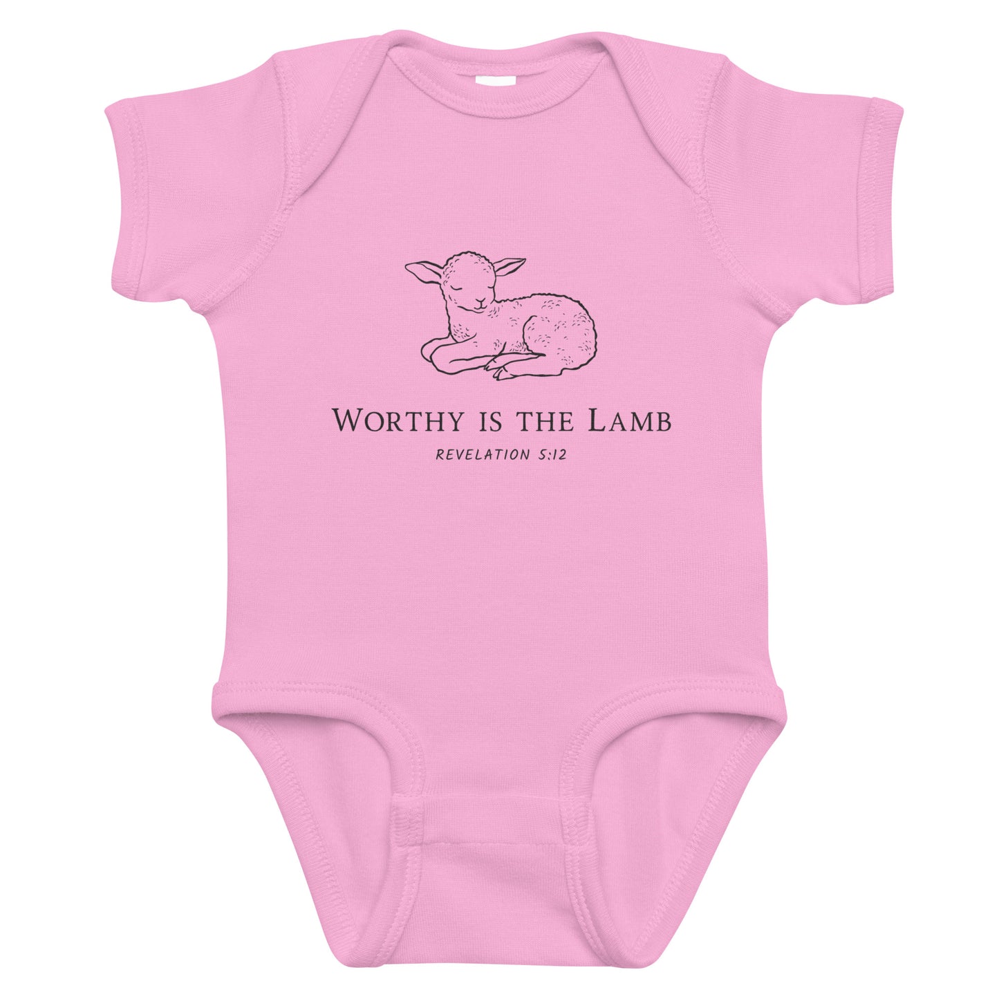 Pink baby onesie with a lamb design and text on a white background