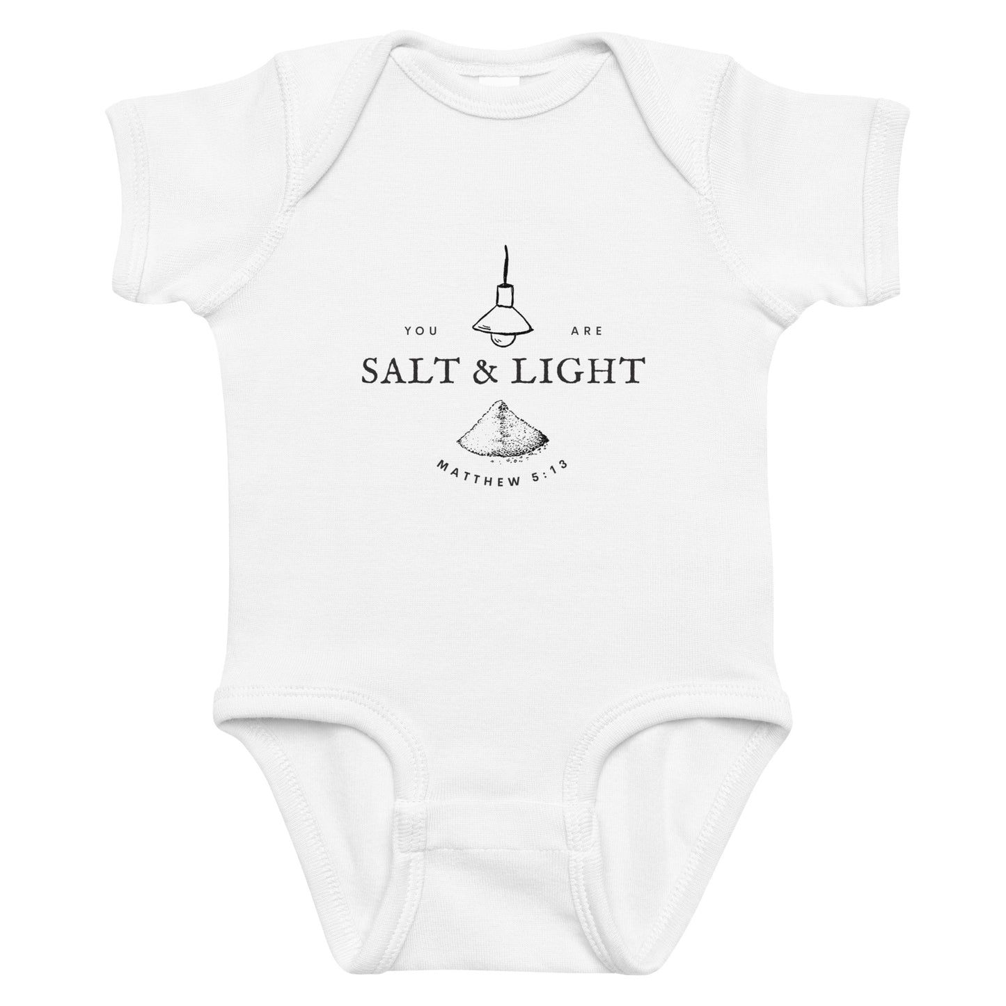 White baby onesie with 'You Are Salt & Light' text and design on a white background