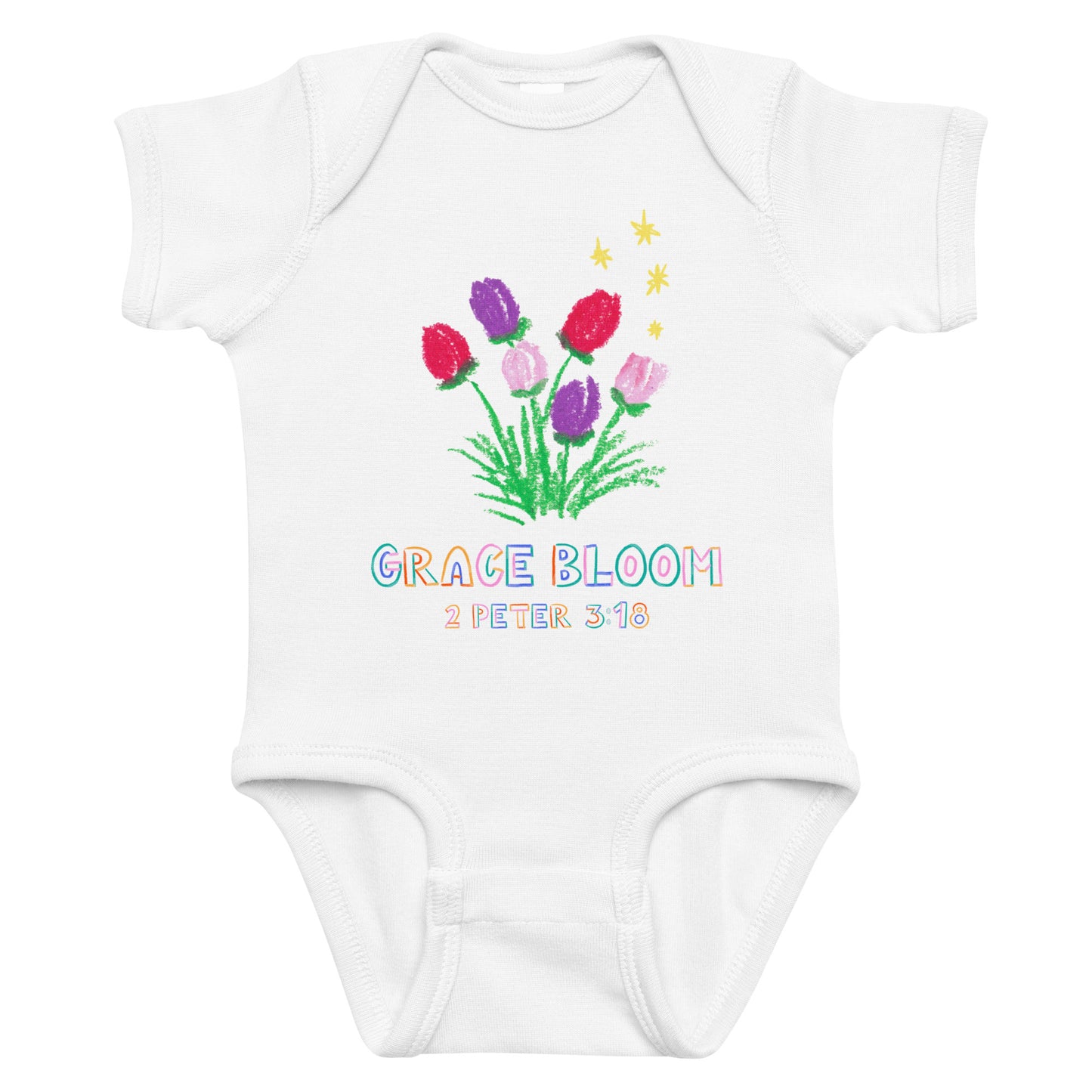 White baby onesie with colorful tulip design and text on a white background