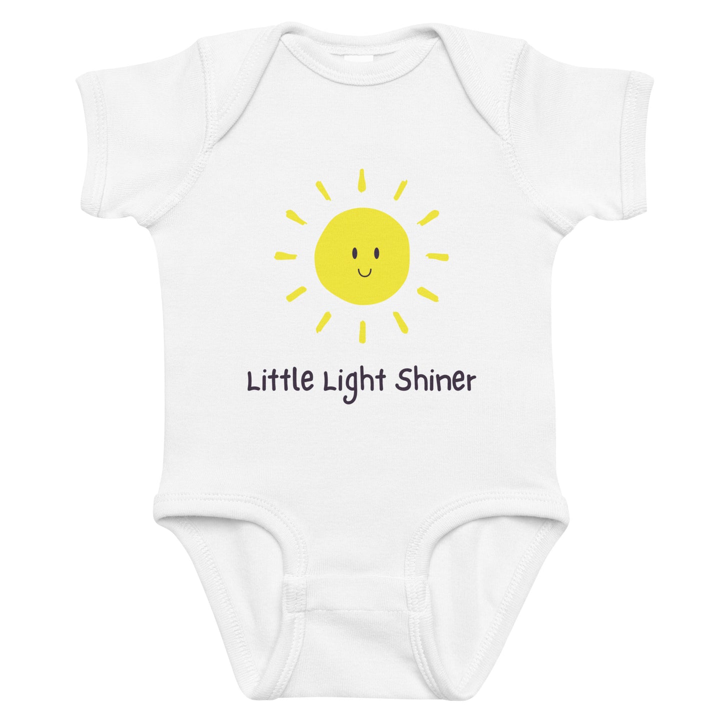 White baby onesie with a yellow sun graphic and 'Little Light Shiner' text on a white background