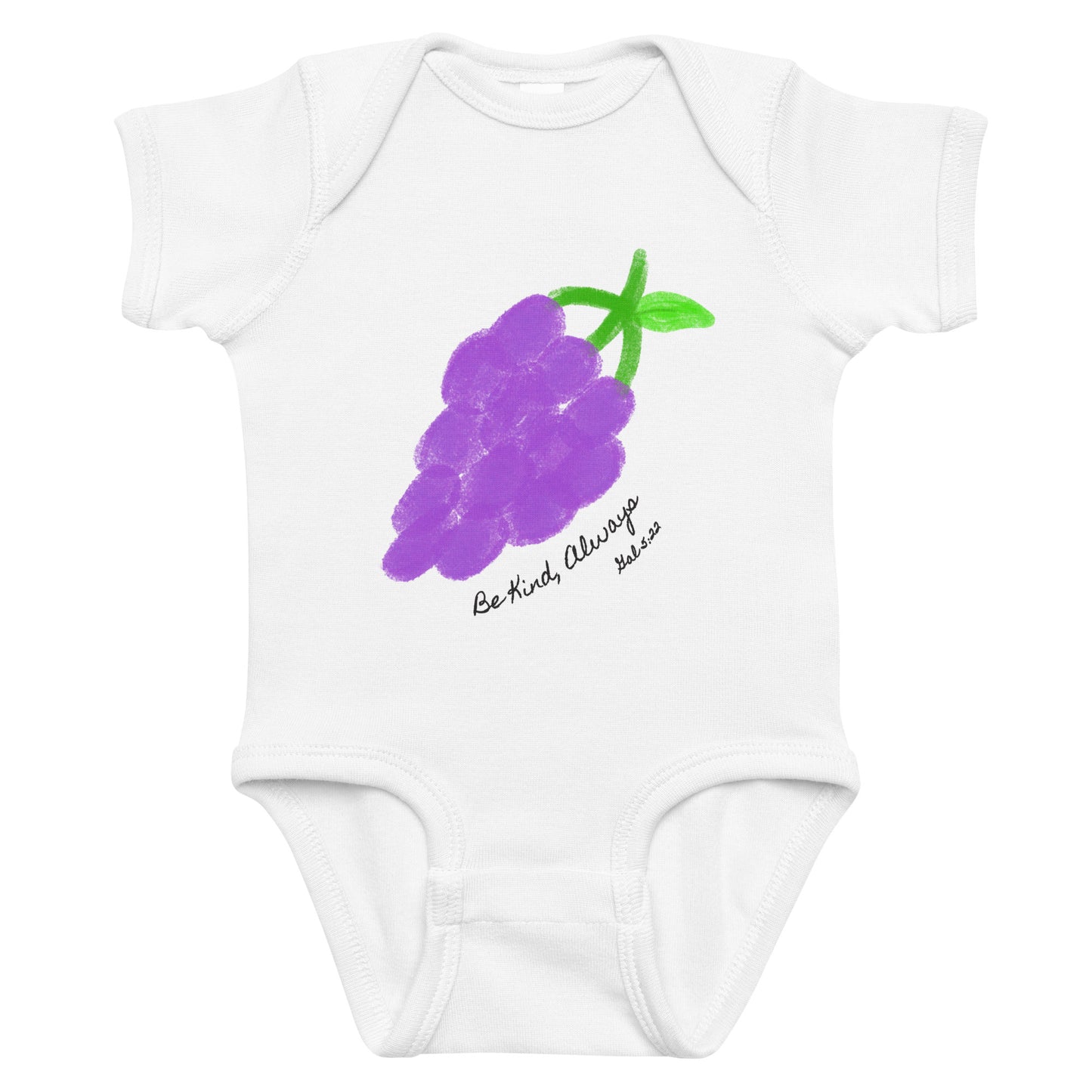 White baby onesie with purple grapes and green stem on a white background