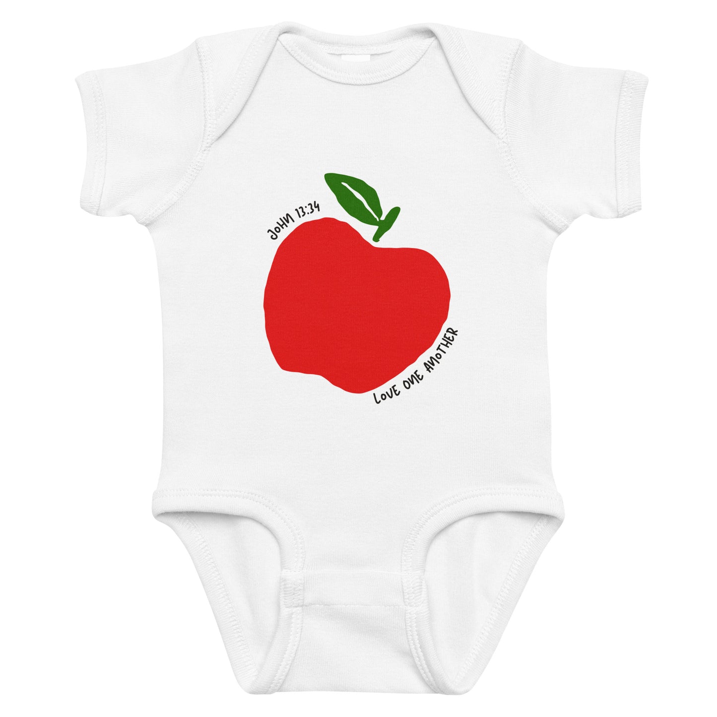 White baby onesie with a red apple graphic and text on a white background