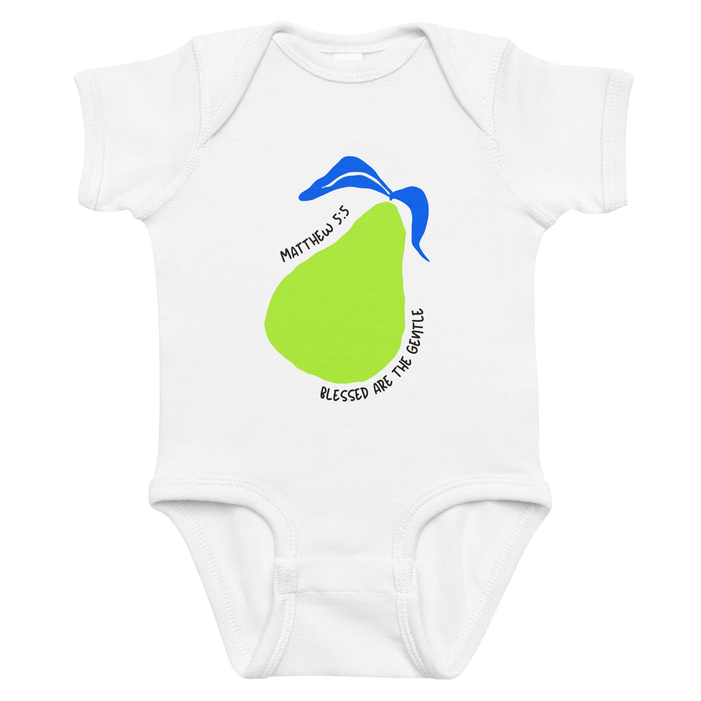 White baby onesie with green pear design and text on a white background