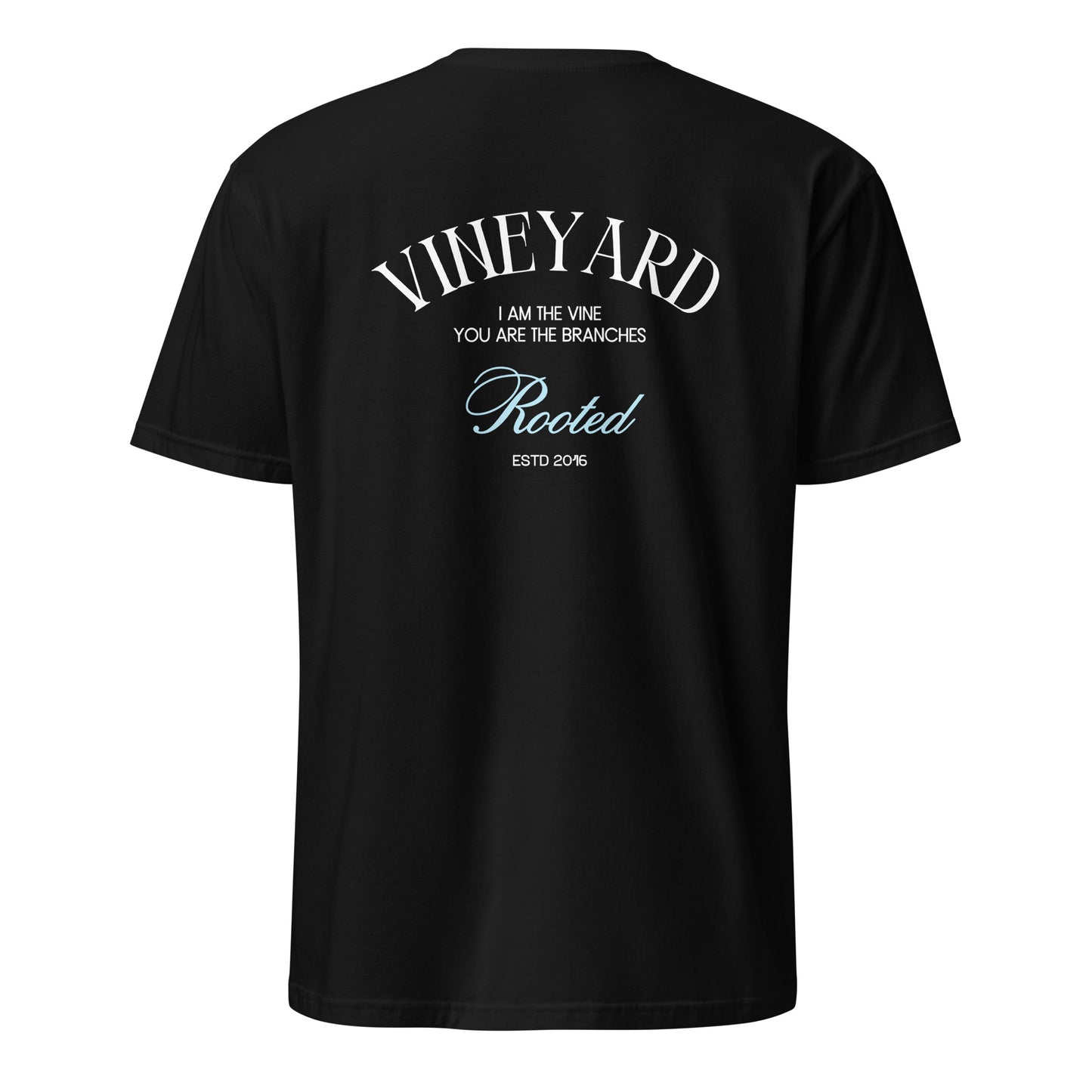 Black t-shirt with white text on the back on a white background vineyard rooted branches
