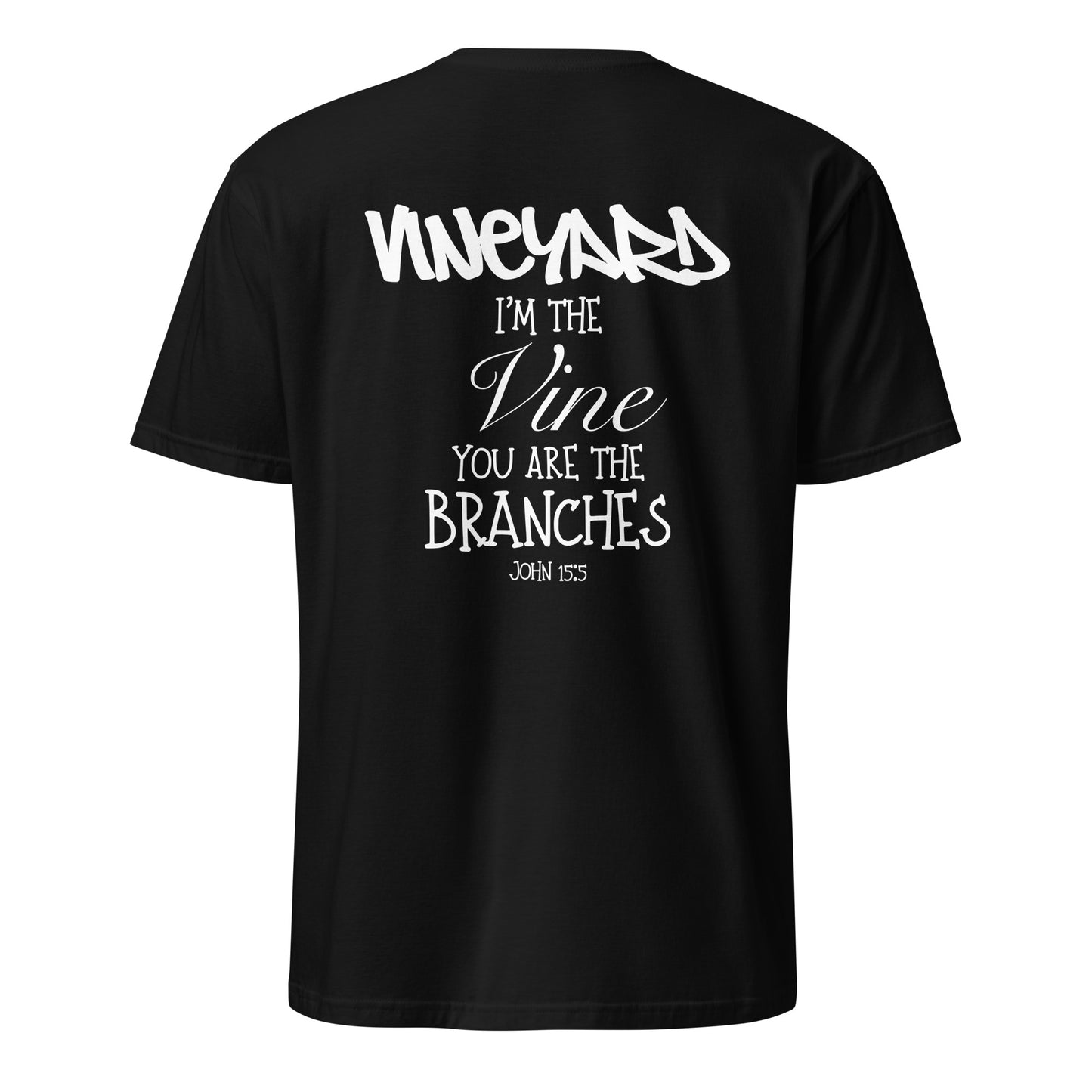 Black t-shirt with white text on a white background vineyard branches