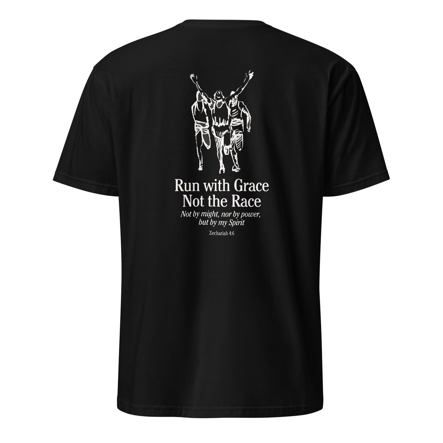 Black t-shirt with white graphic and text on a white background run with grace Zechariah 4:6