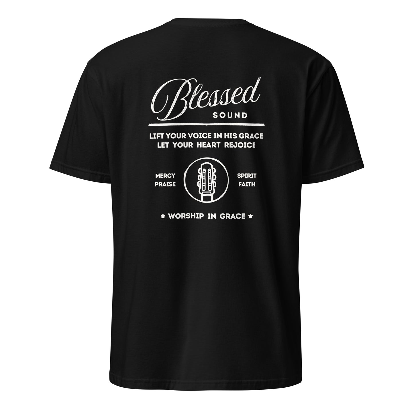 Black t-shirt with white text and graphics on a white background blessed sound