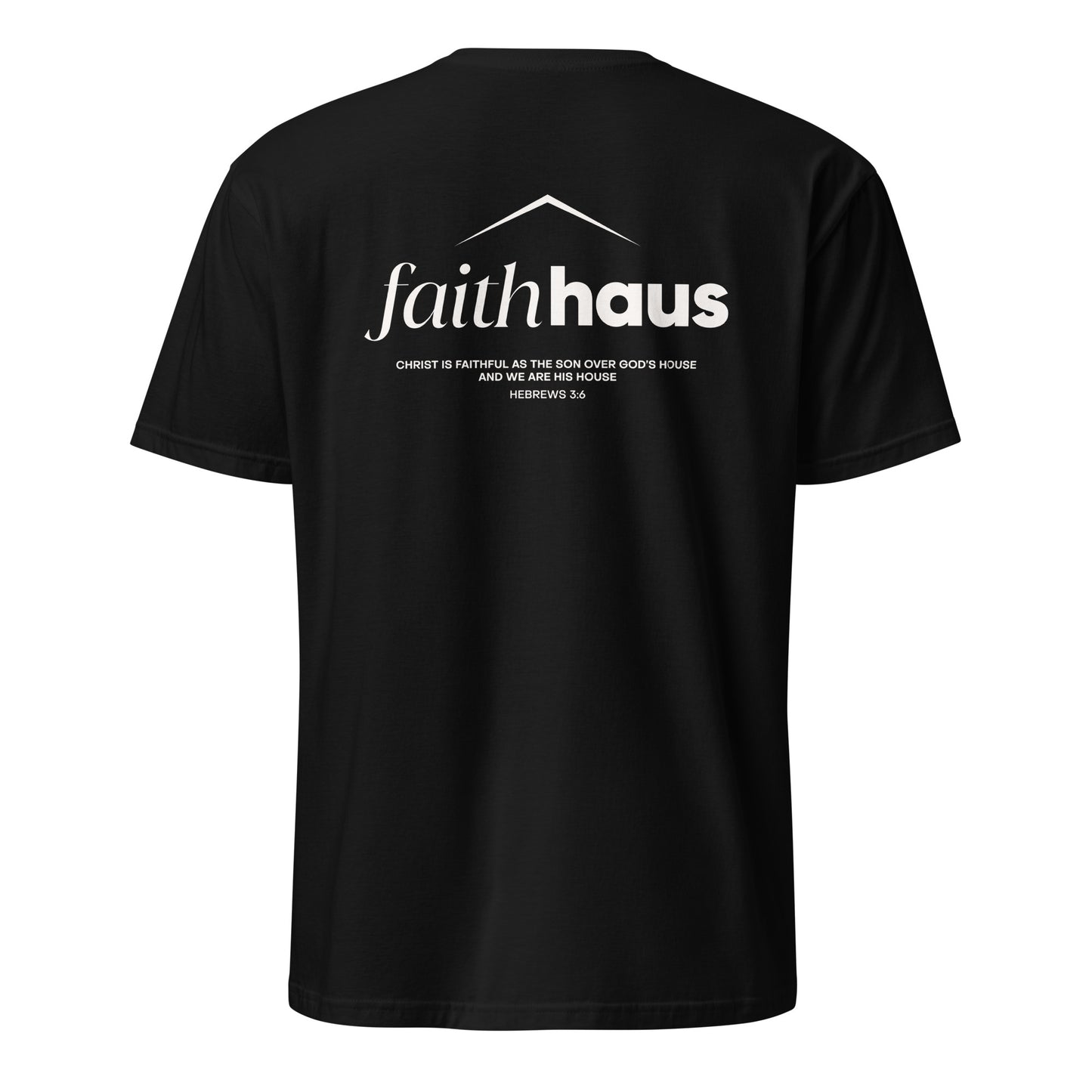 Black t-shirt with 'faith haus' text on a white background