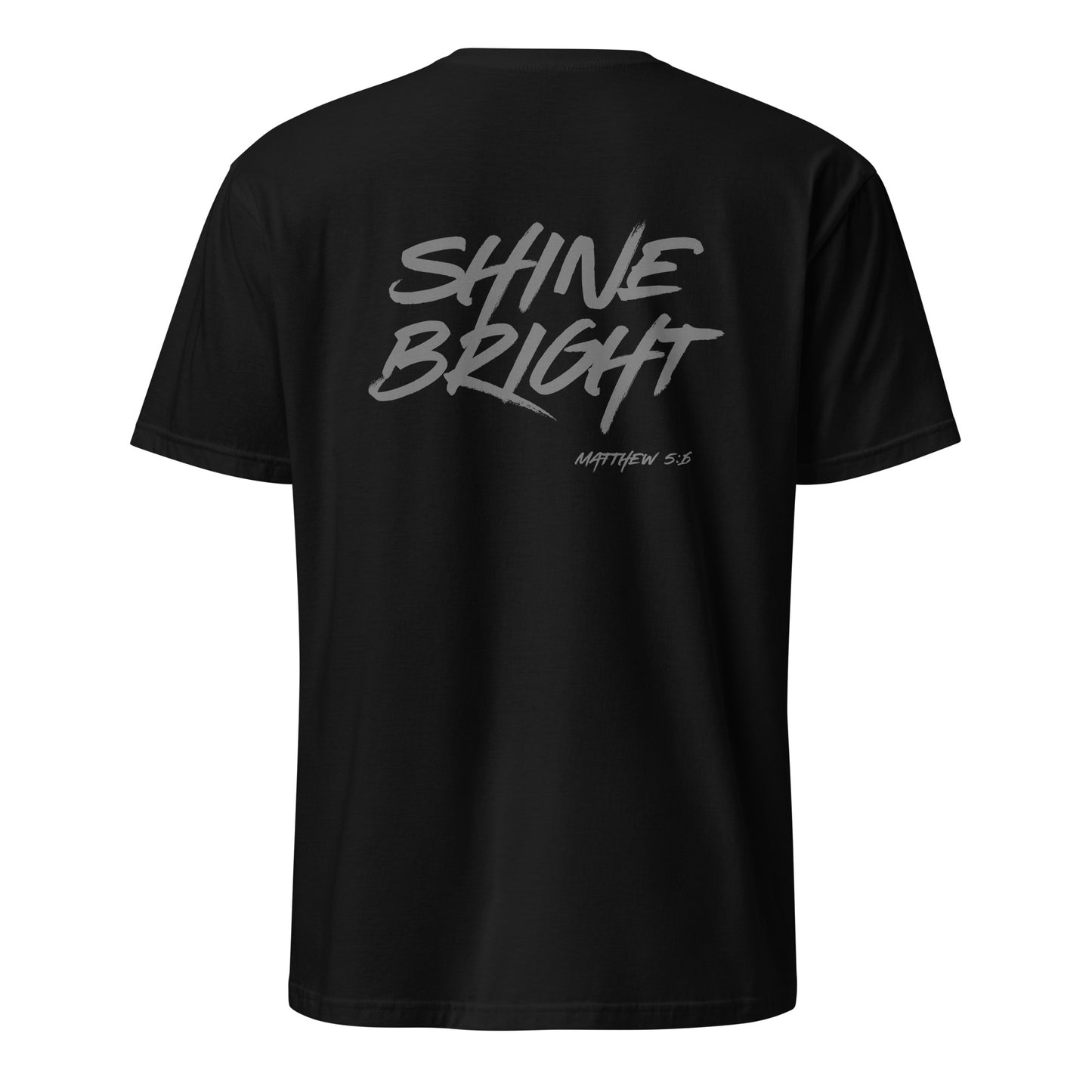 Black t-shirt with 'SHINE BRIGHT' text on the back against a white background