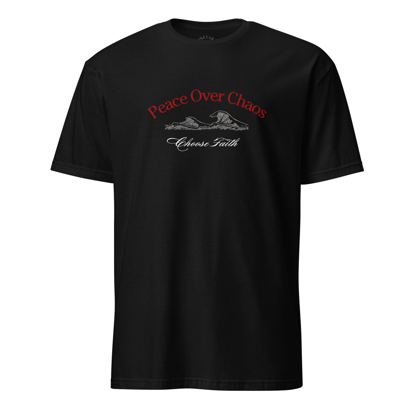 Black t-shirt with 'Peace Over Chaos, Choose Faith' text and graphic on a white background