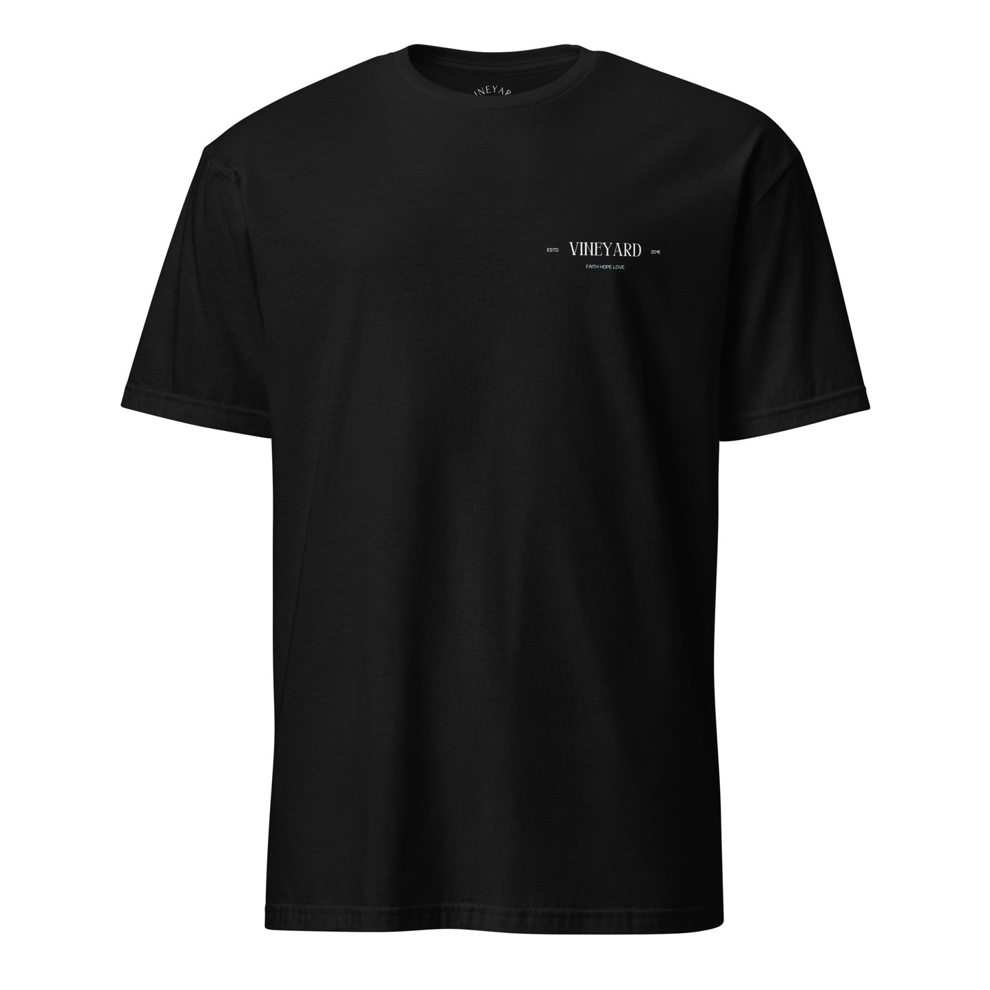 Black t-shirt with white text on the back on a white background vineyard rooted branches