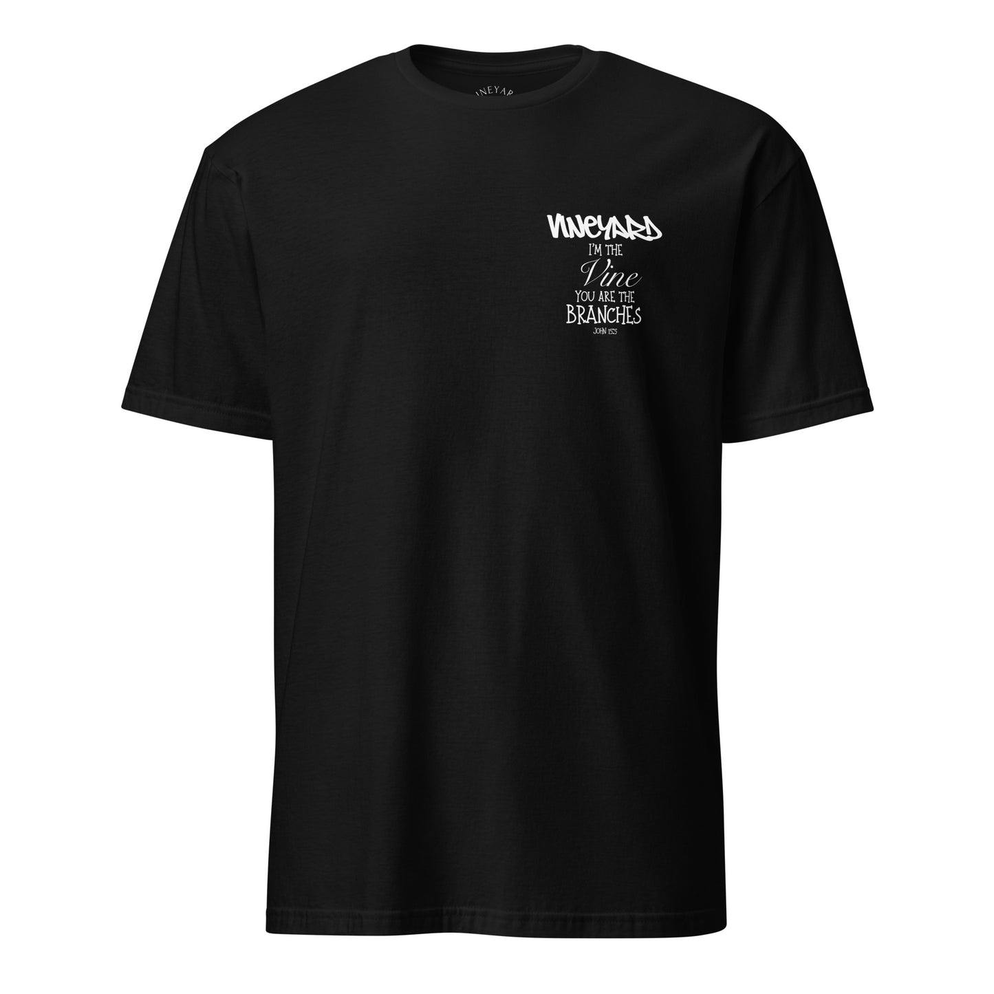 Black t-shirt with white text on a white background vineyard branches