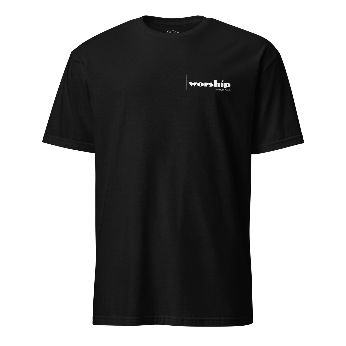Black t-shirt with 'worship' text on a white background