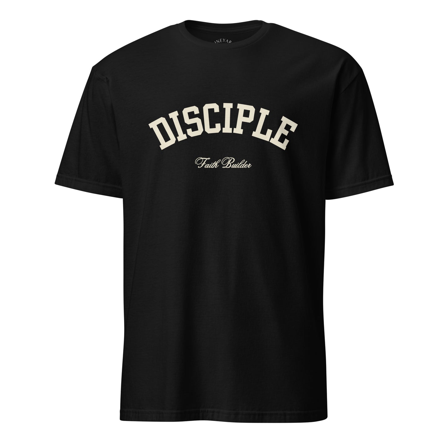 Black t-shirt with 'DISCIPLE Faith Builder' text on a white background