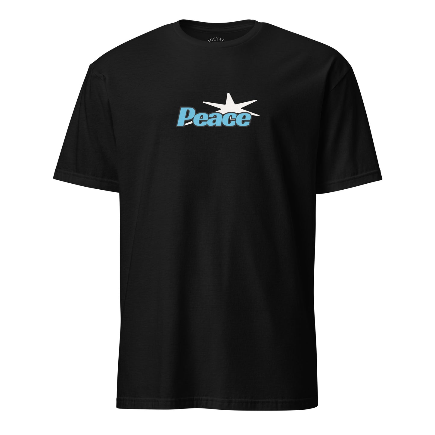 Black t-shirt with 'Peace' logo featuring a star on a white background