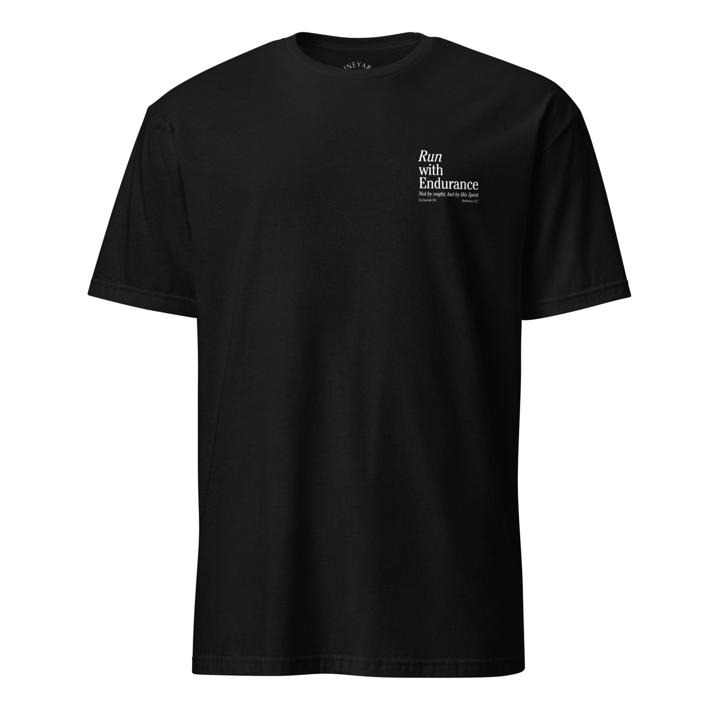 Black t-shirt with white graphic and text on a white background run with grace Zechariah 4:6