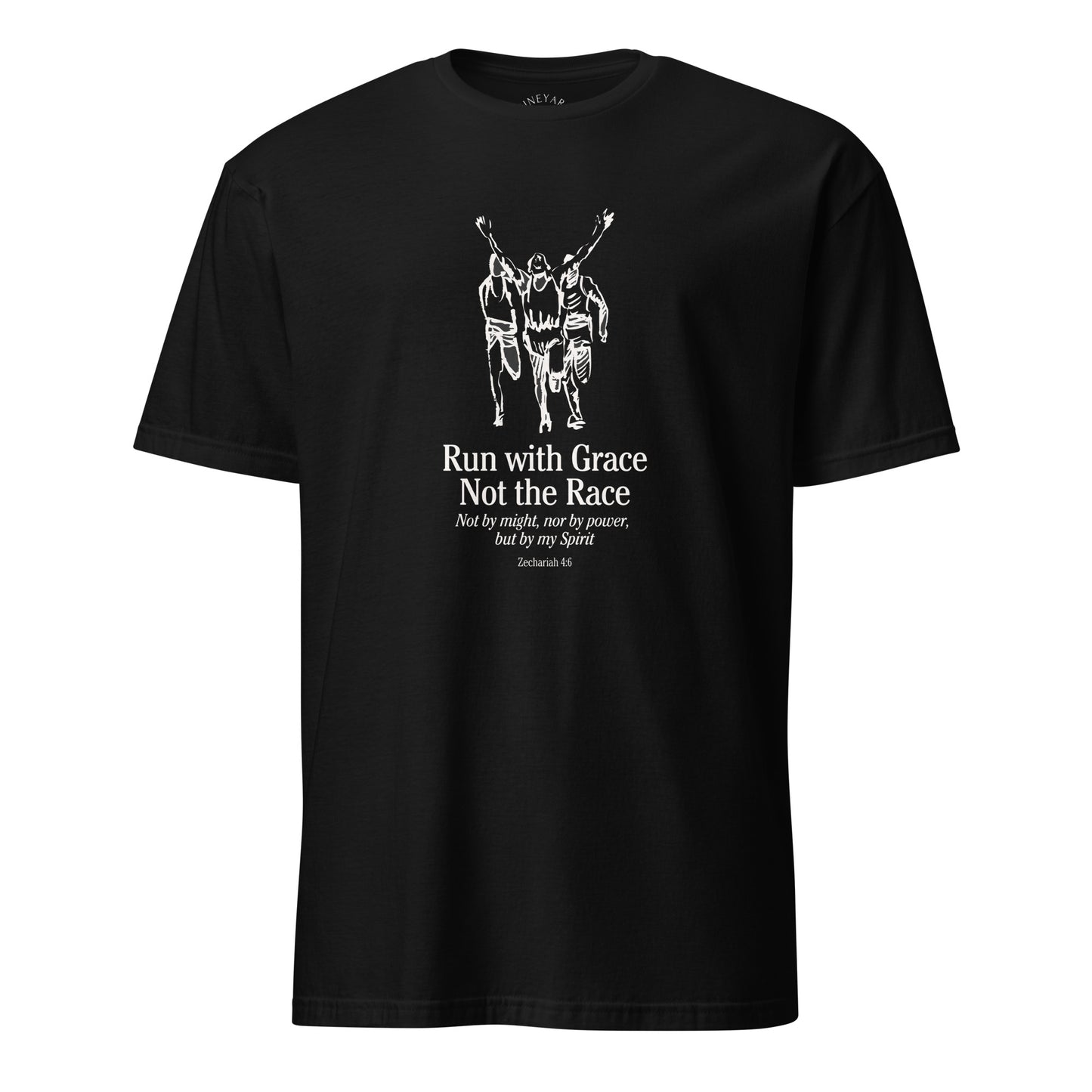 black t-shirt with white graphic and text on a white background run with grace Zechariah 4:6
