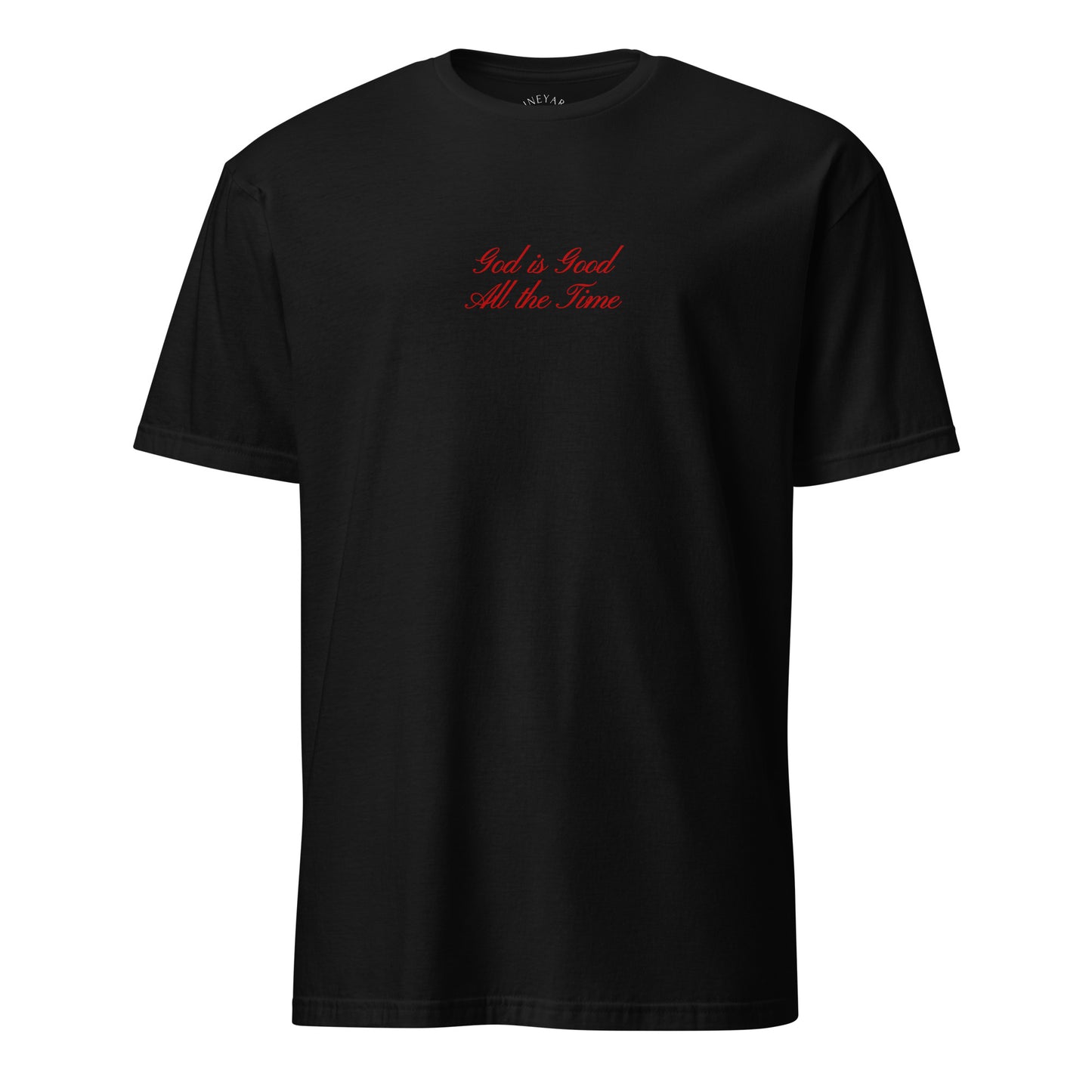 Black t-shirt with red text on a white background god is good all the time