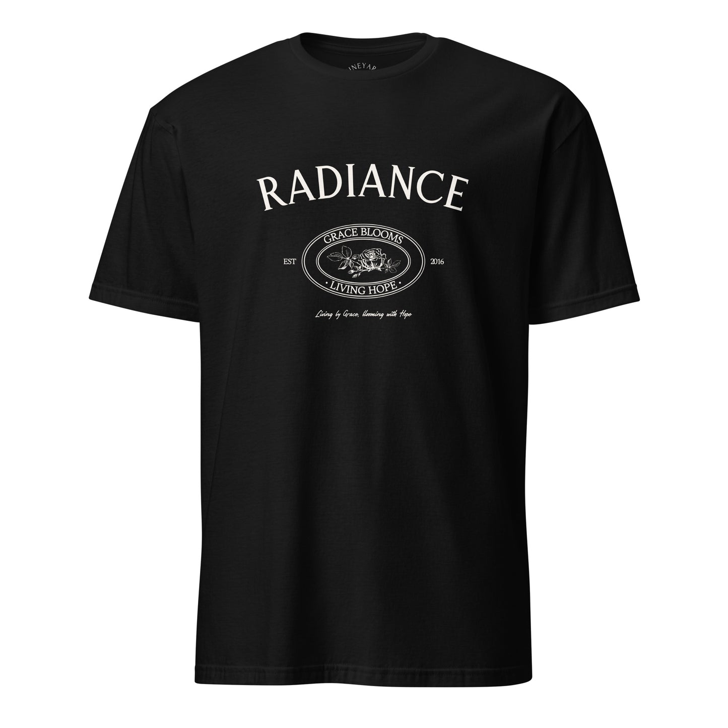 Black t-shirt with 'Radiance' text and graphic on a white background grace blooms