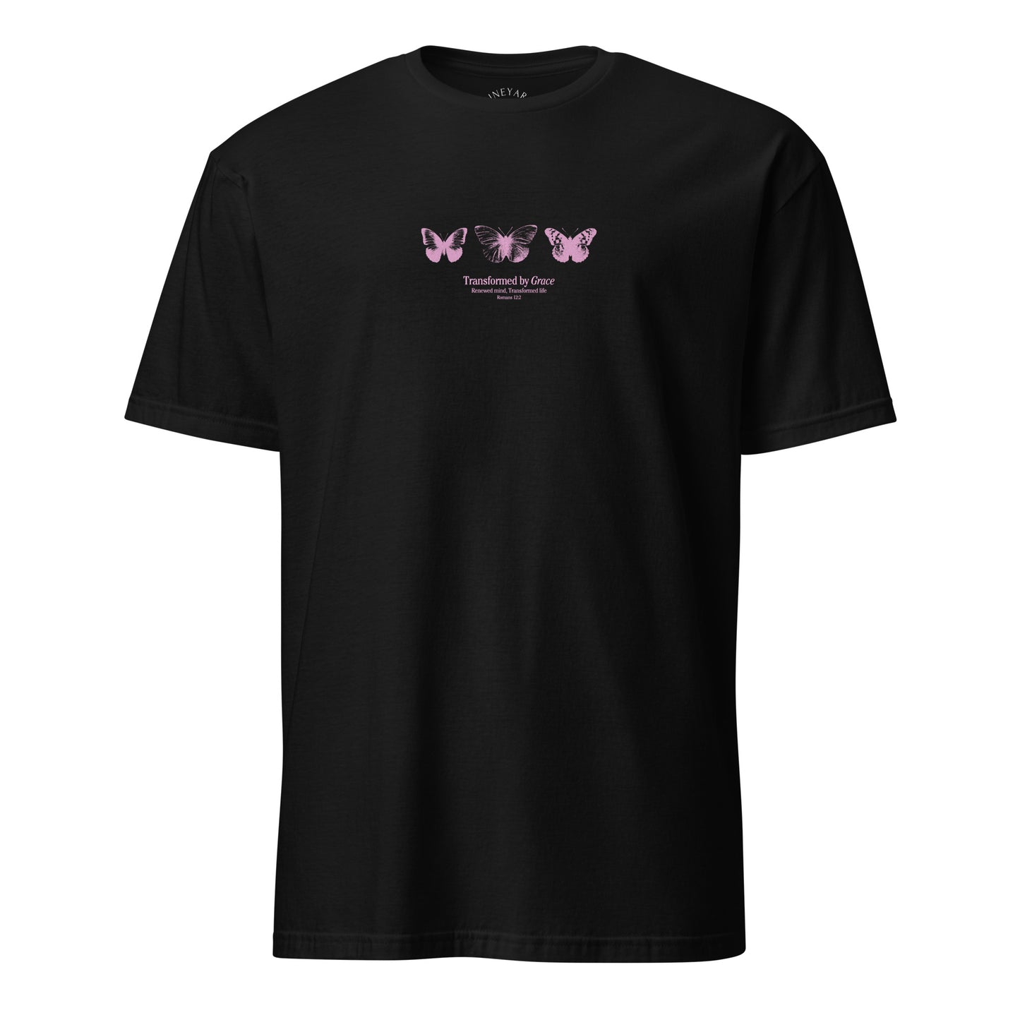 Black t-shirt with pink butterfly design and text on a white background transformed by grace