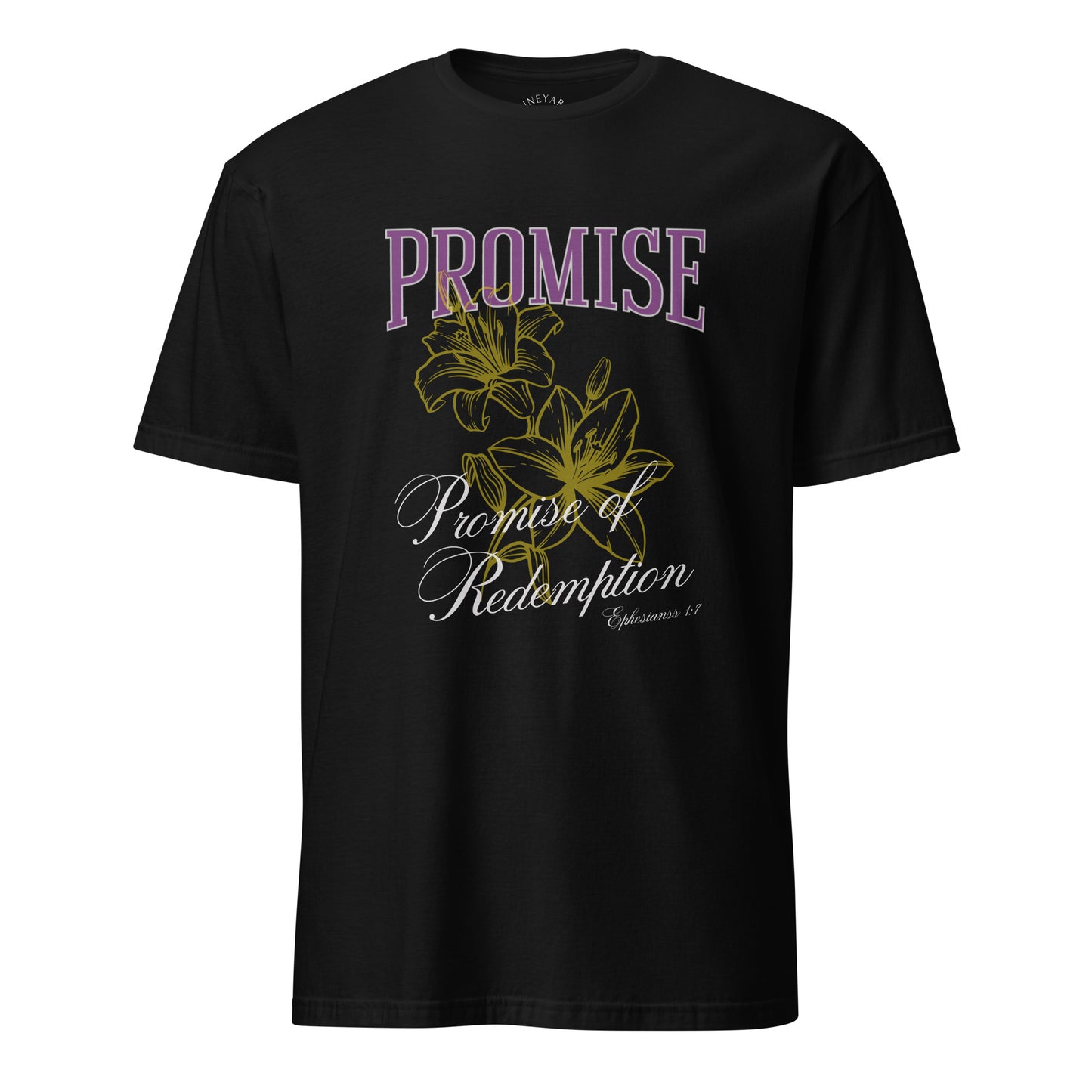Black t-shirt with floral design and text on a white background promise