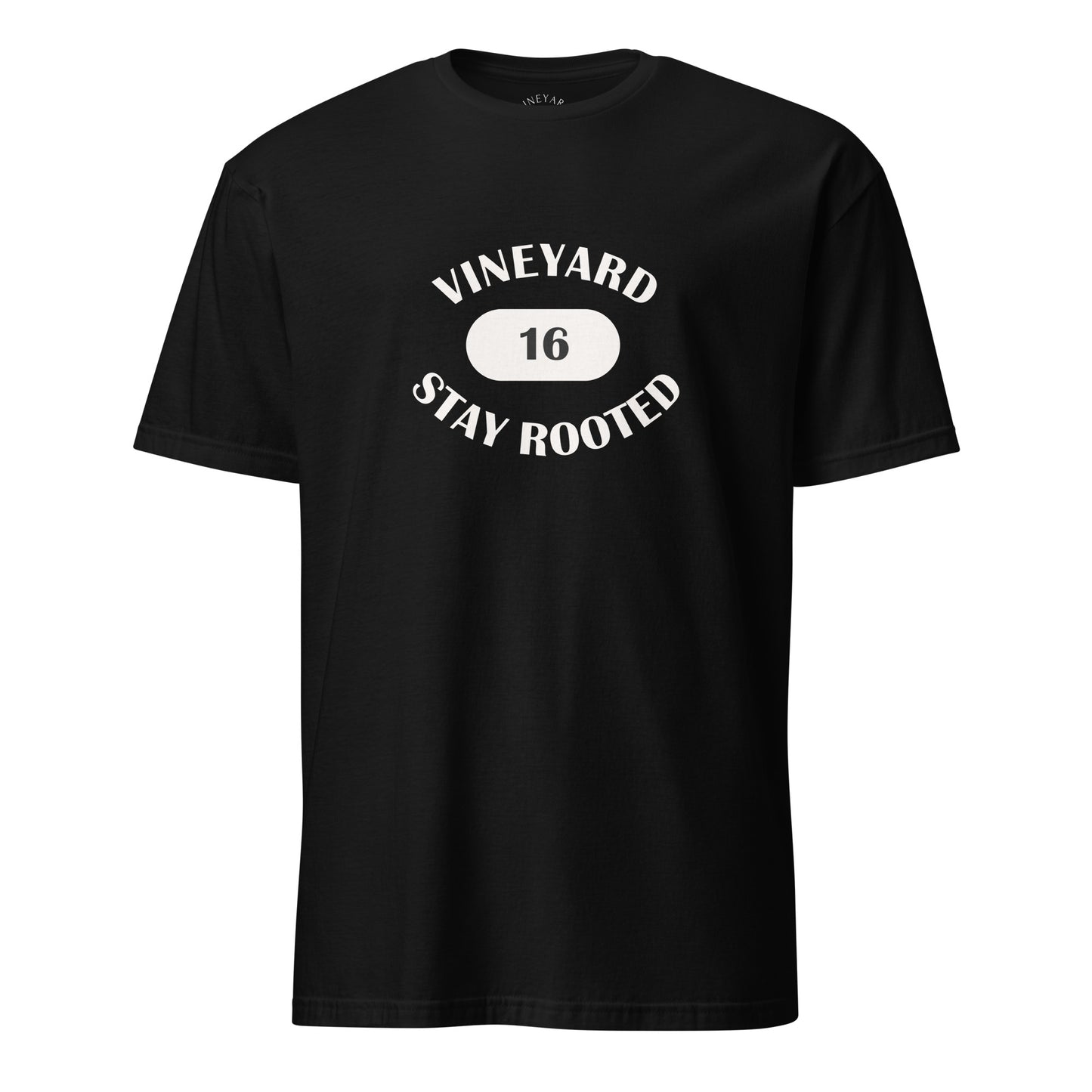 Black t-shirt with white text 'Vineyard 16 Stay Rooted' on a white background