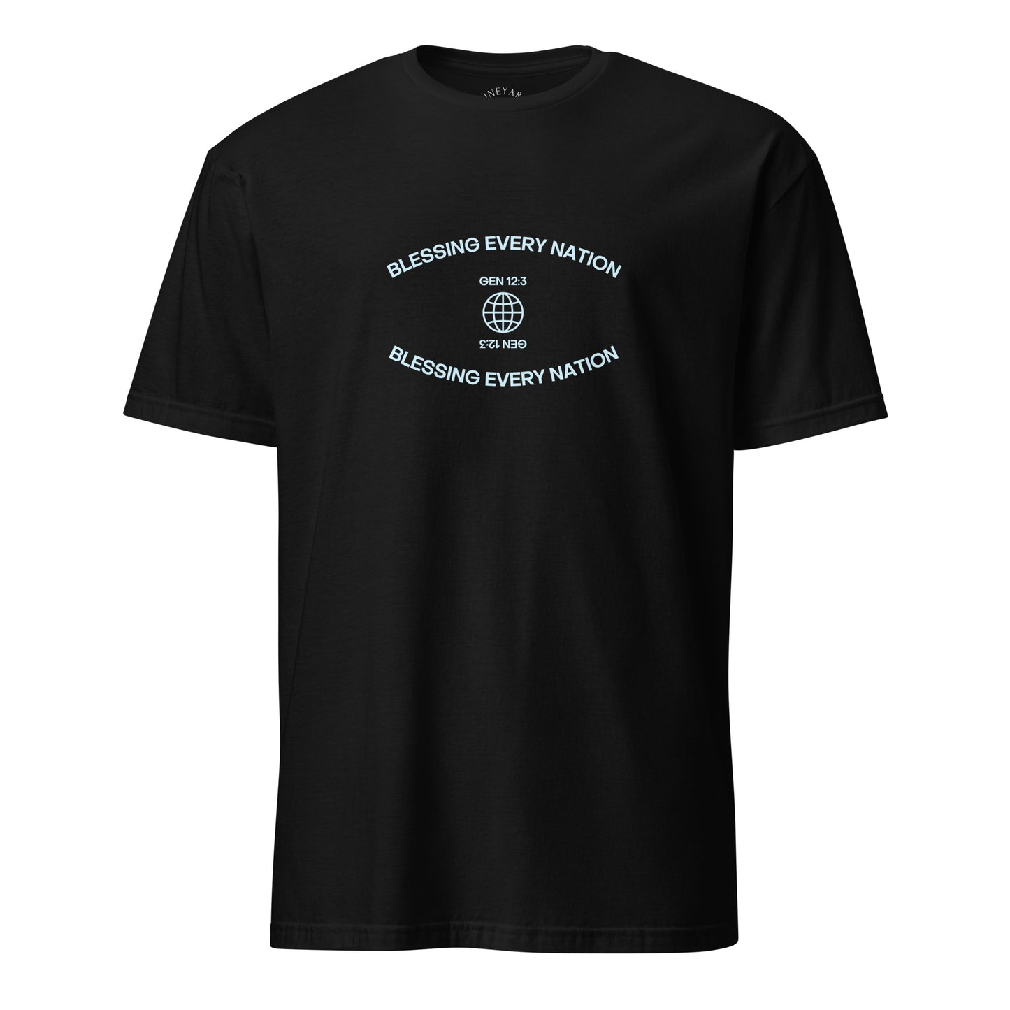 Black t-shirt with white text and graphics on a white background blessing every nation