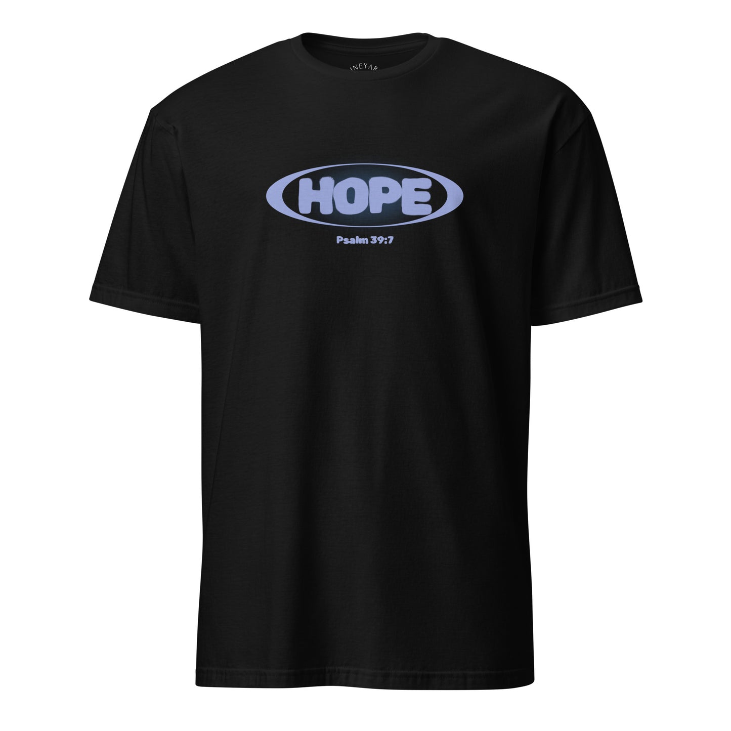Black t-shirt with 'HOPE Psalm 37:7' blue text on a white background