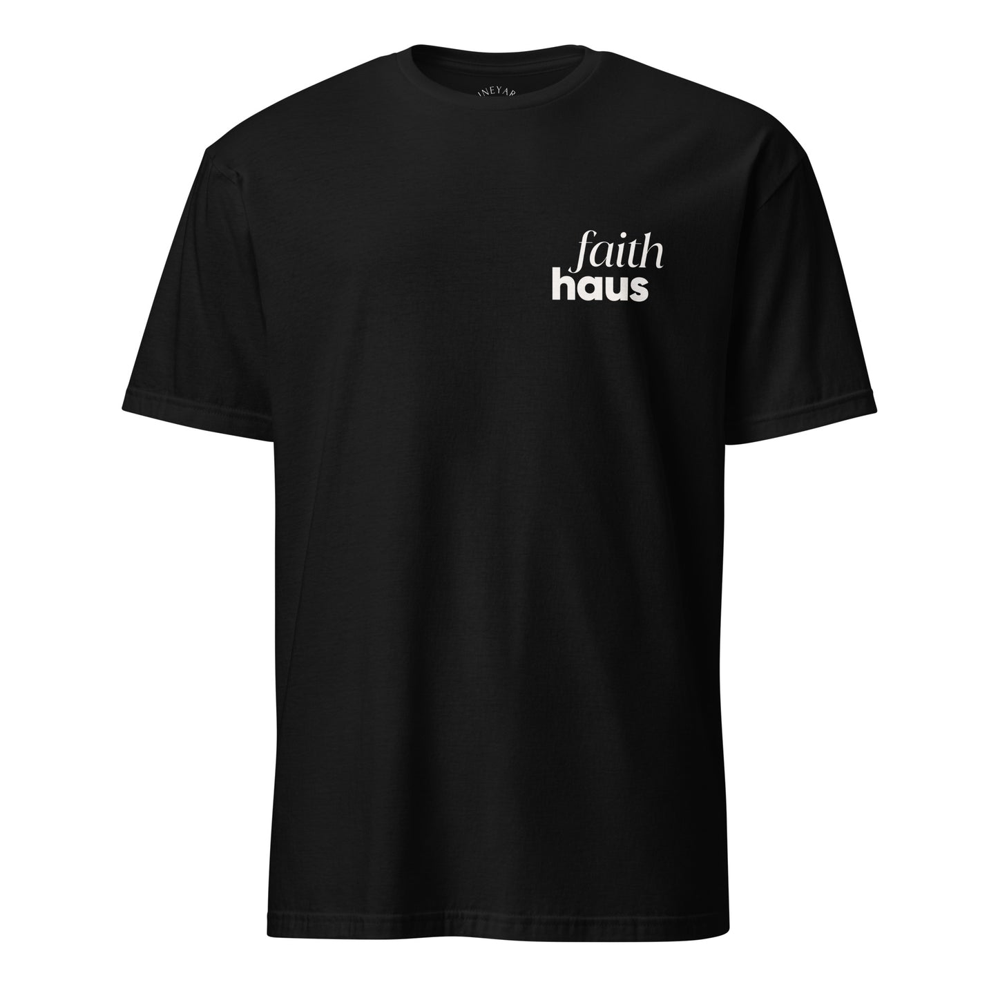 Black t-shirt with 'faith haus' text on a white background