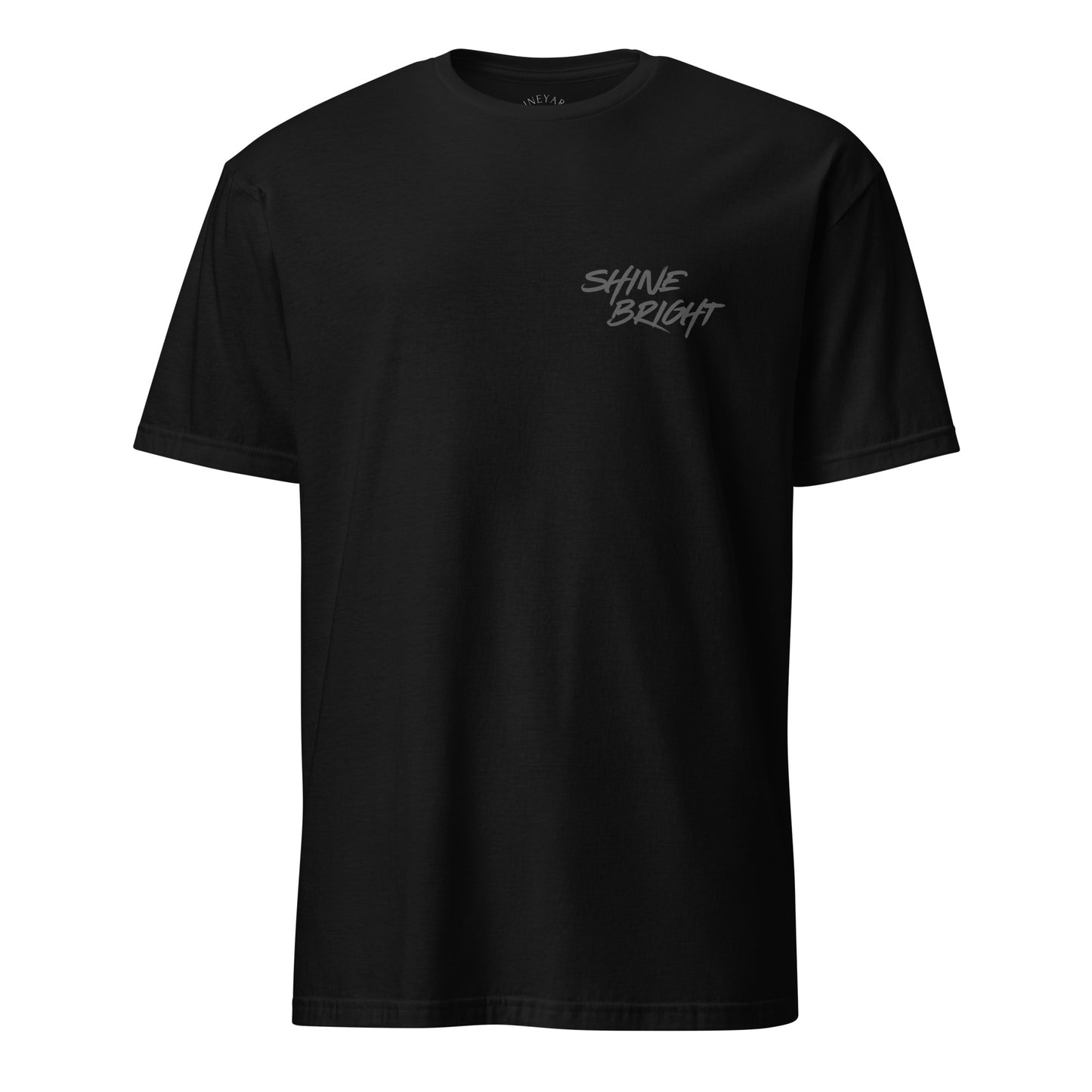 Black t-shirt with 'SHINE BRIGHT' text on the back against a white background