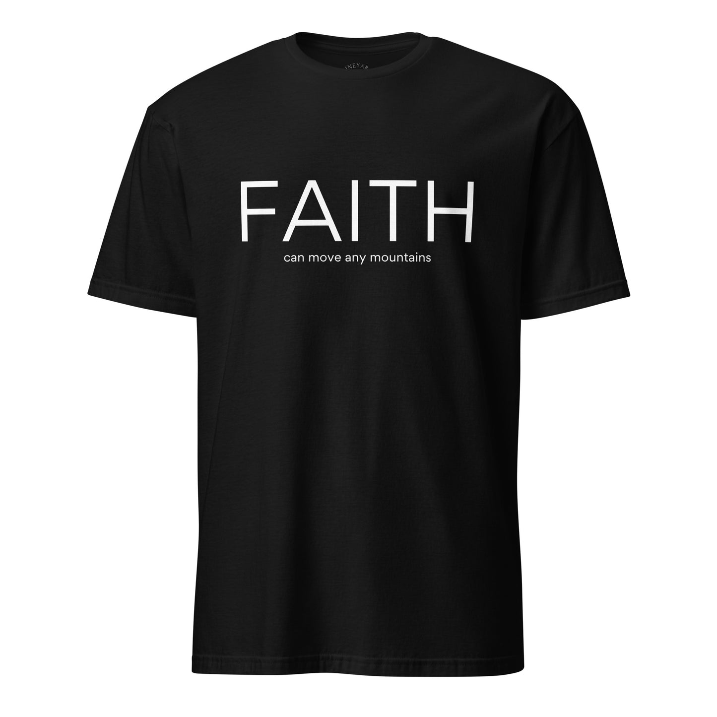 Black t-shirt with 'FAITH can move any mountains' text on a white background
