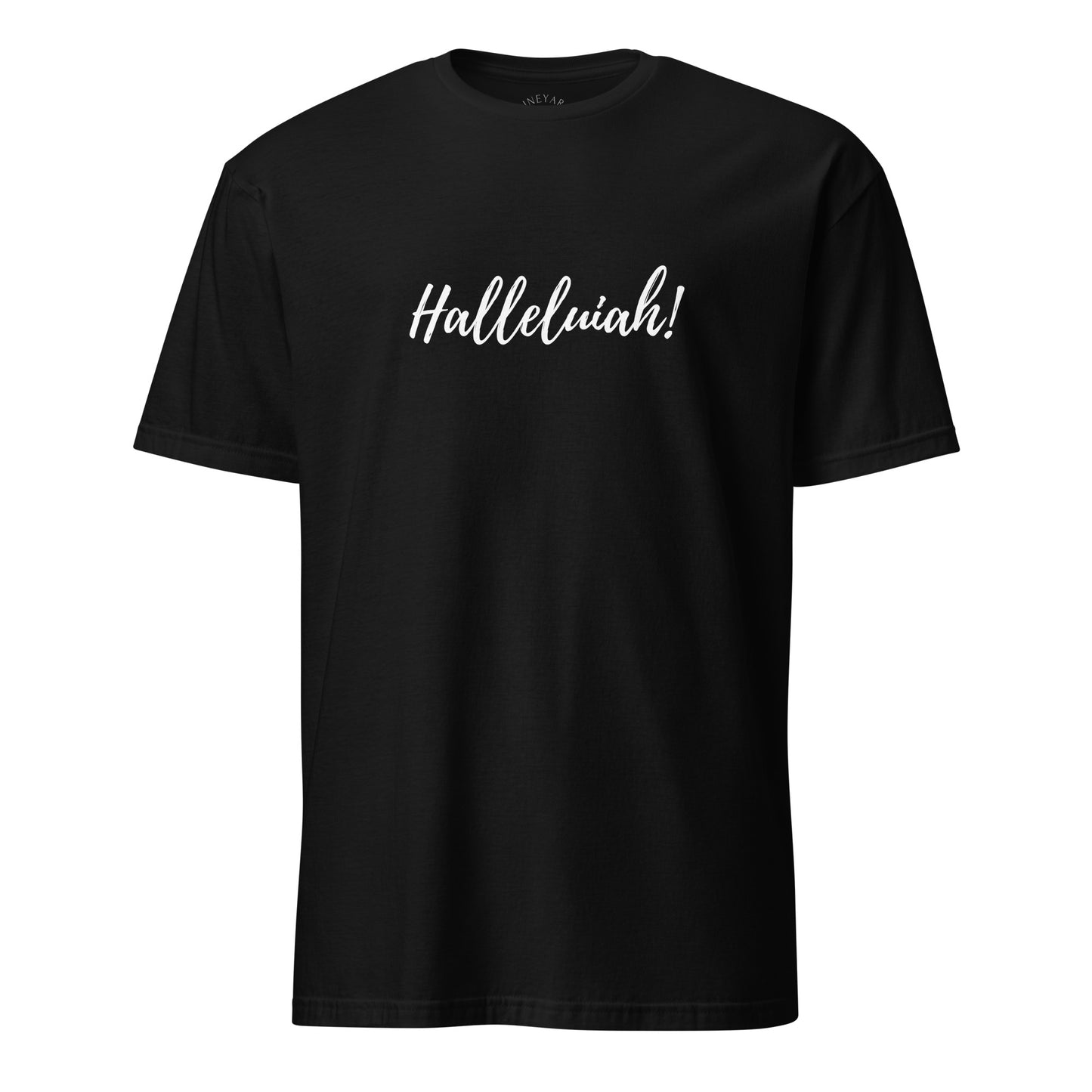 Black t-shirt with 'Hallelujah!' text on a white background