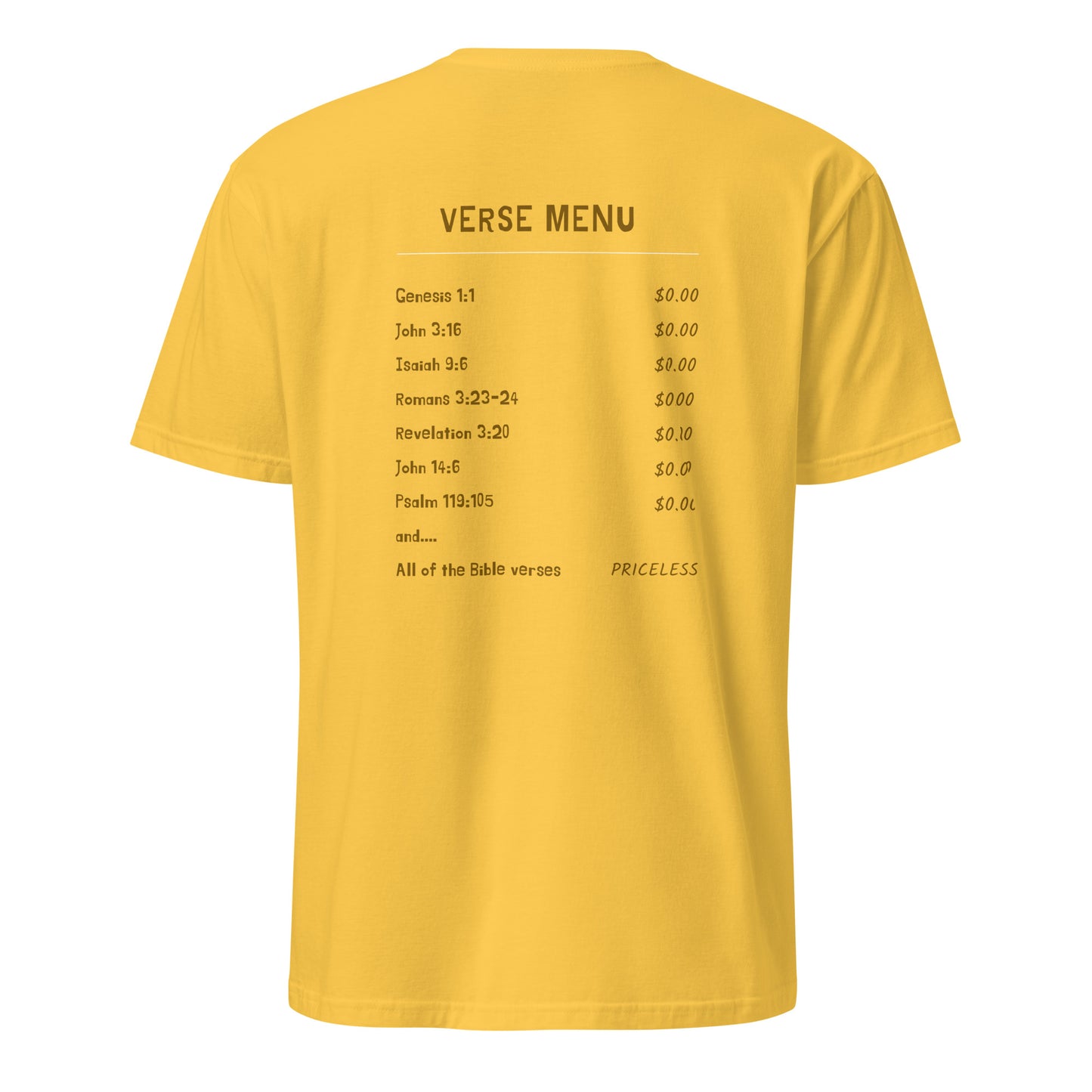 Yellow t-shirt with text on the back on a white background