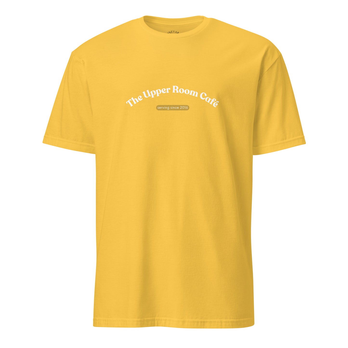 Yellow t-shirt with 'The Upper Room Cafe' text on a white background