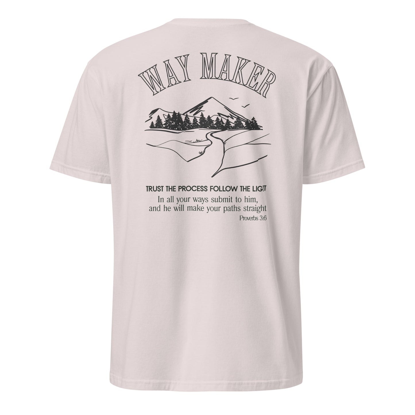 ie grey Light-colored t-shirt with 'Way Maker' design and motivational text on a white background