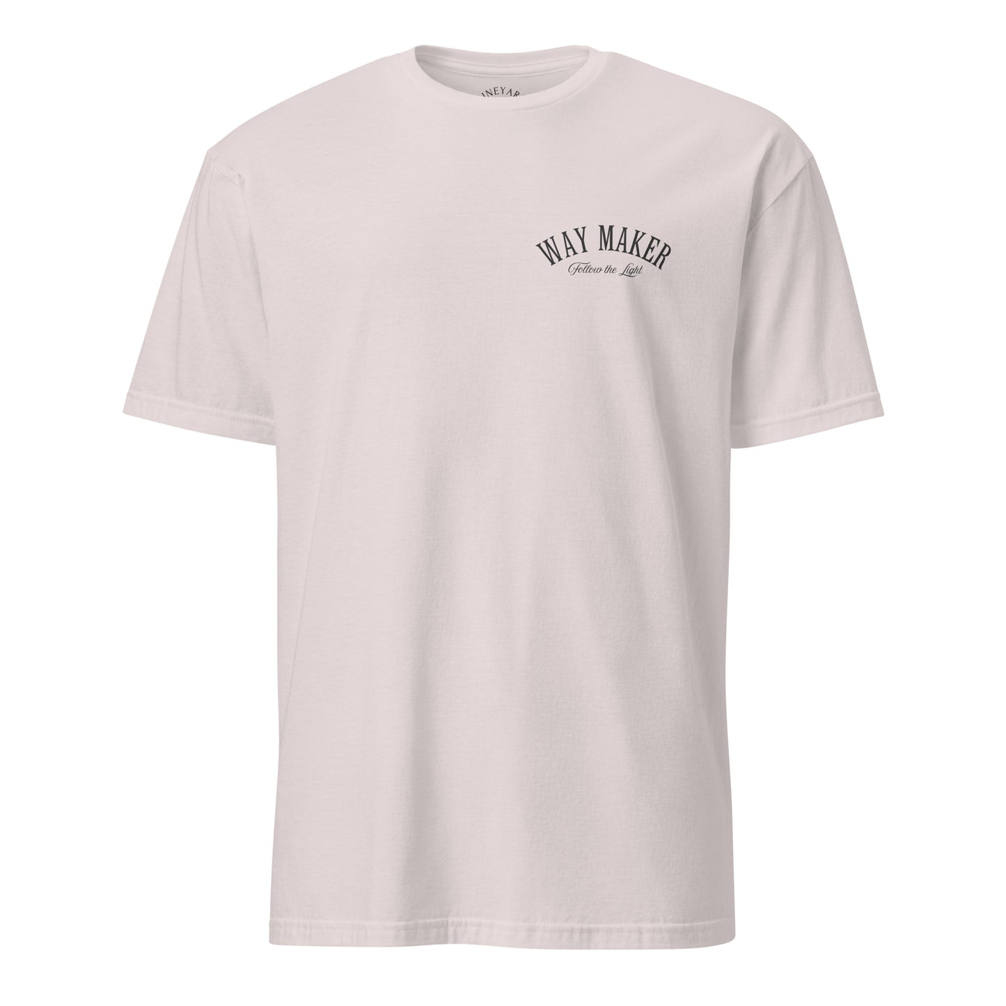 ie grey Light-colored t-shirt with 'Way Maker' design and motivational text on a white background