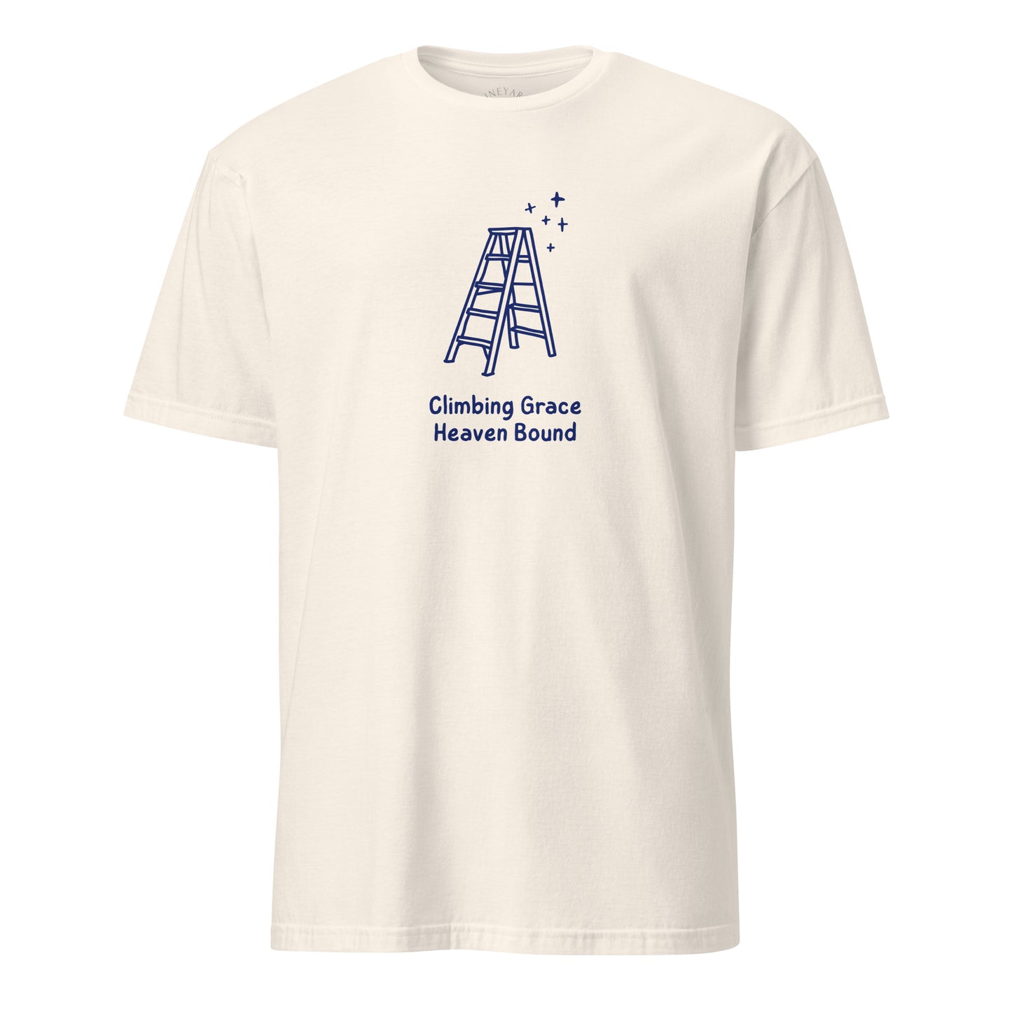 natural white beige t-shirt with blue graphic and text on a white background climbing grace heaven bound