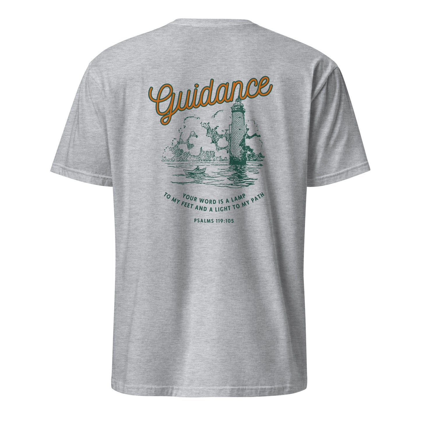 Gray t-shirt with a graphic design and text on the back, displayed on a white background. guidance