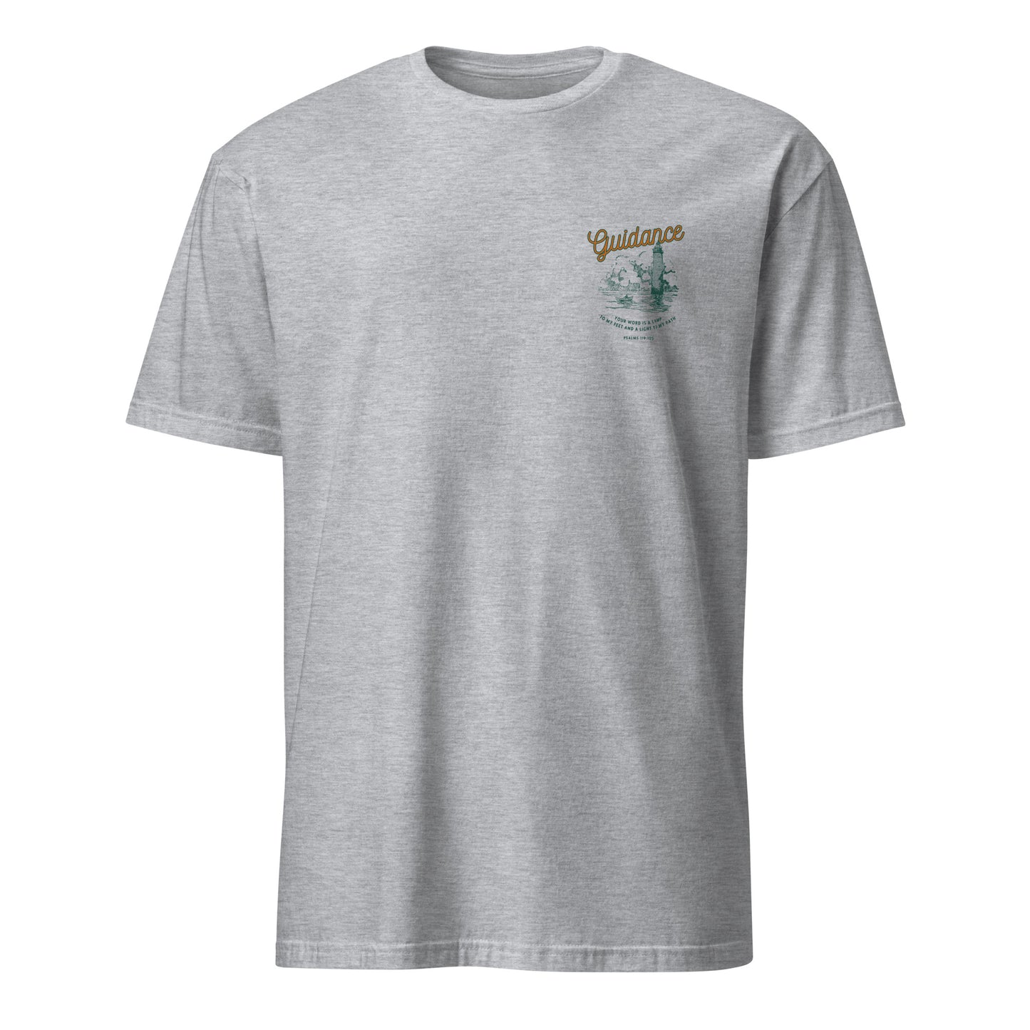 Gray t-shirt with a graphic design and text on the back, displayed on a white background. guidance