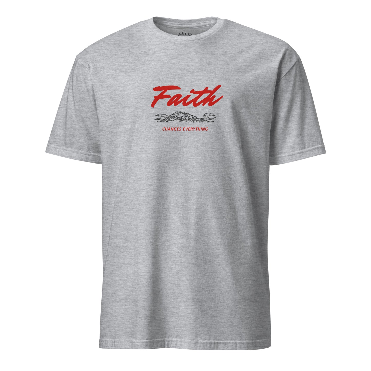 Gray t-shirt with red 'Faith Changes Everything' text on a white background