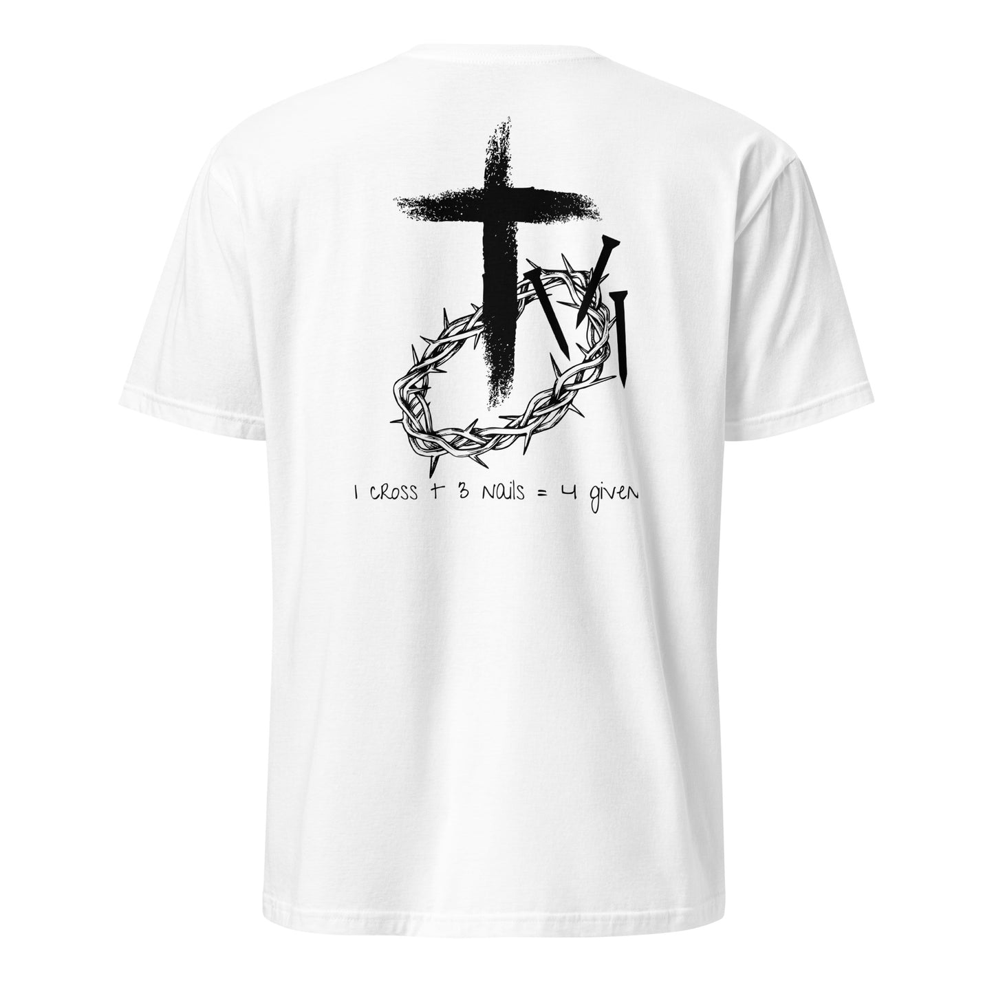 White t-shirt with black cross, crown of thorns, and text design on a white background