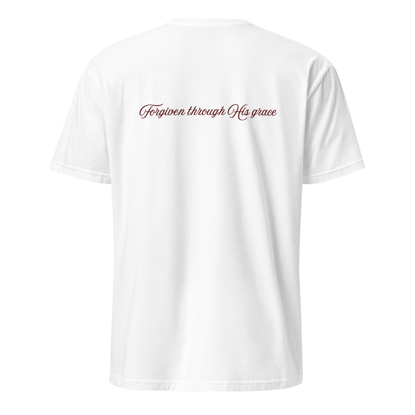 White t-shirt with text 'Forgiven through His grace' on a white background