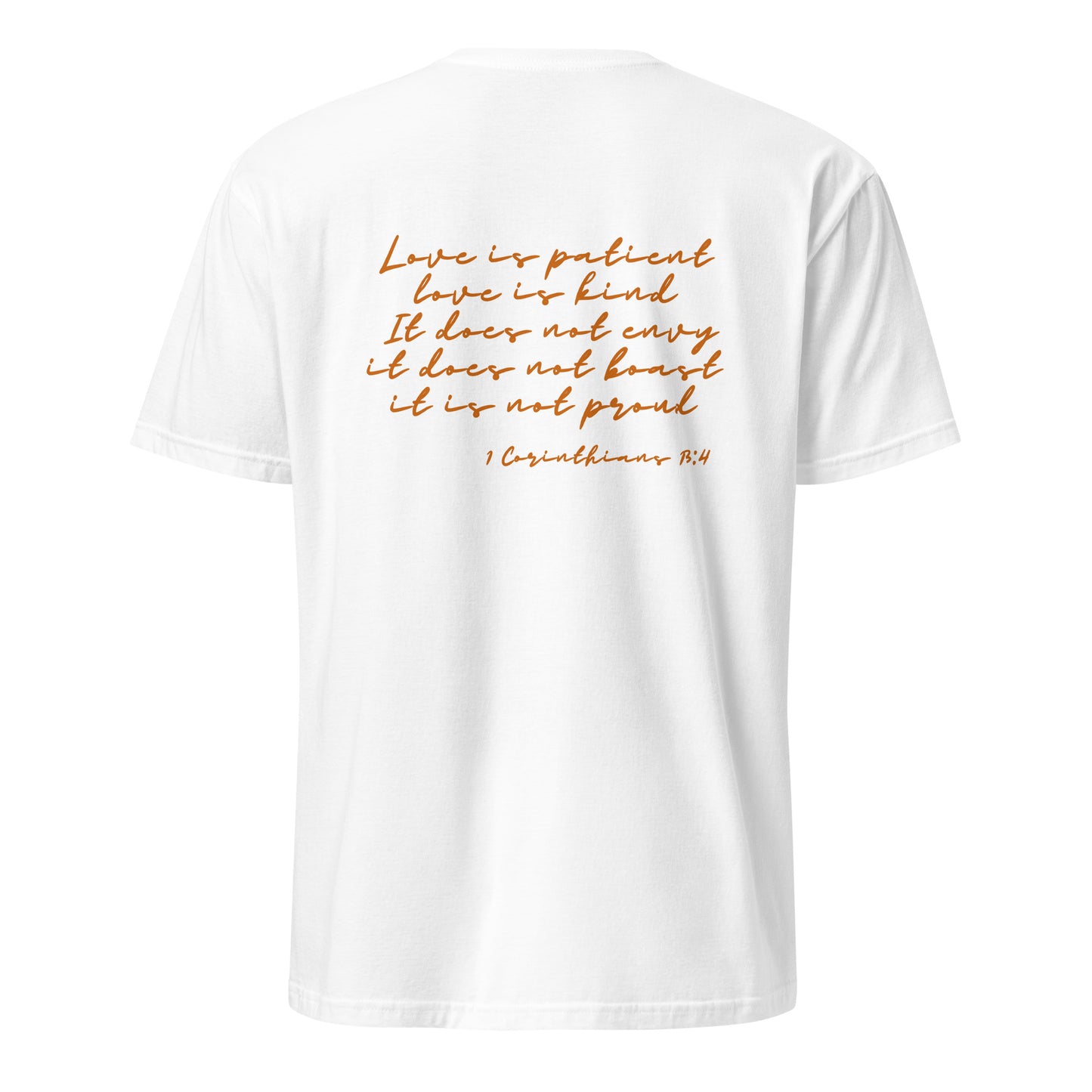 White t-shirt with gold text on a white background