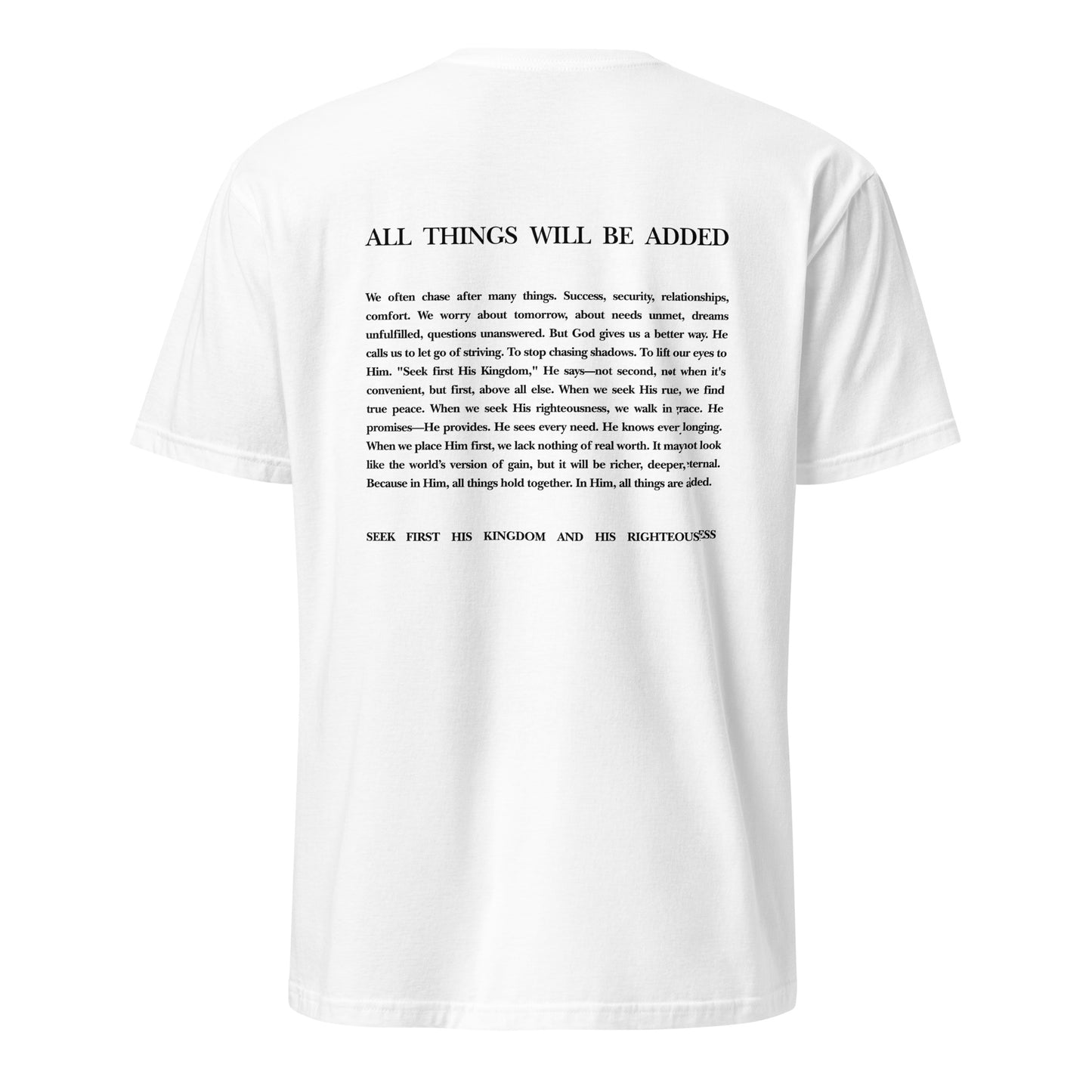White t-shirt with black text on a white background
