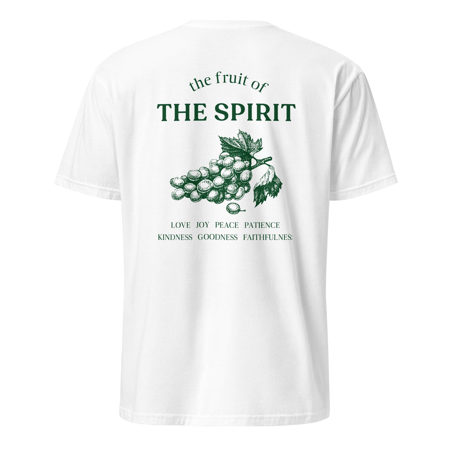 White t-shirt with green graphics and text on a white background