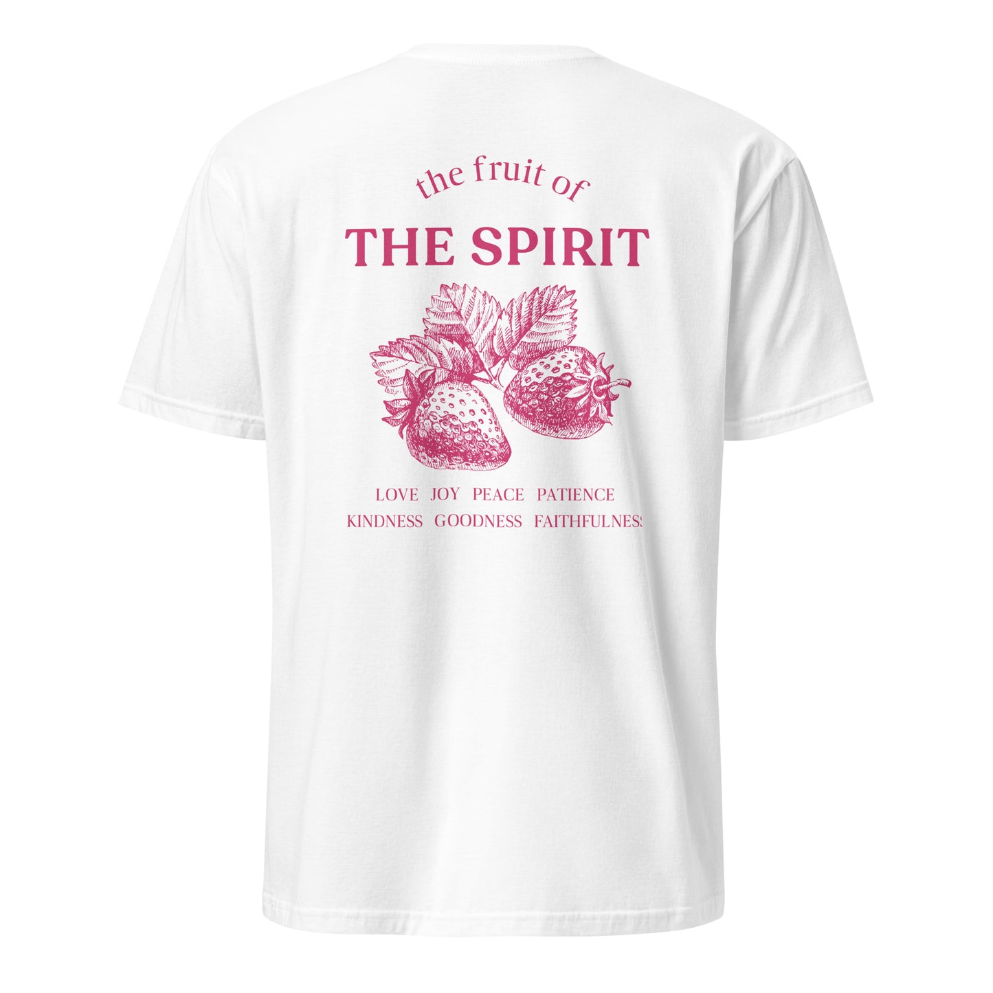 White t-shirt with pink graphics and text on a white background
