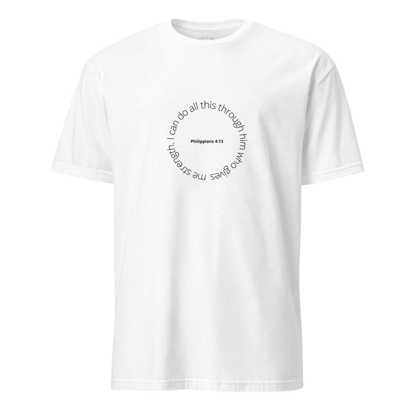 White t-shirt with circular text design on a white background Philippians 4:13